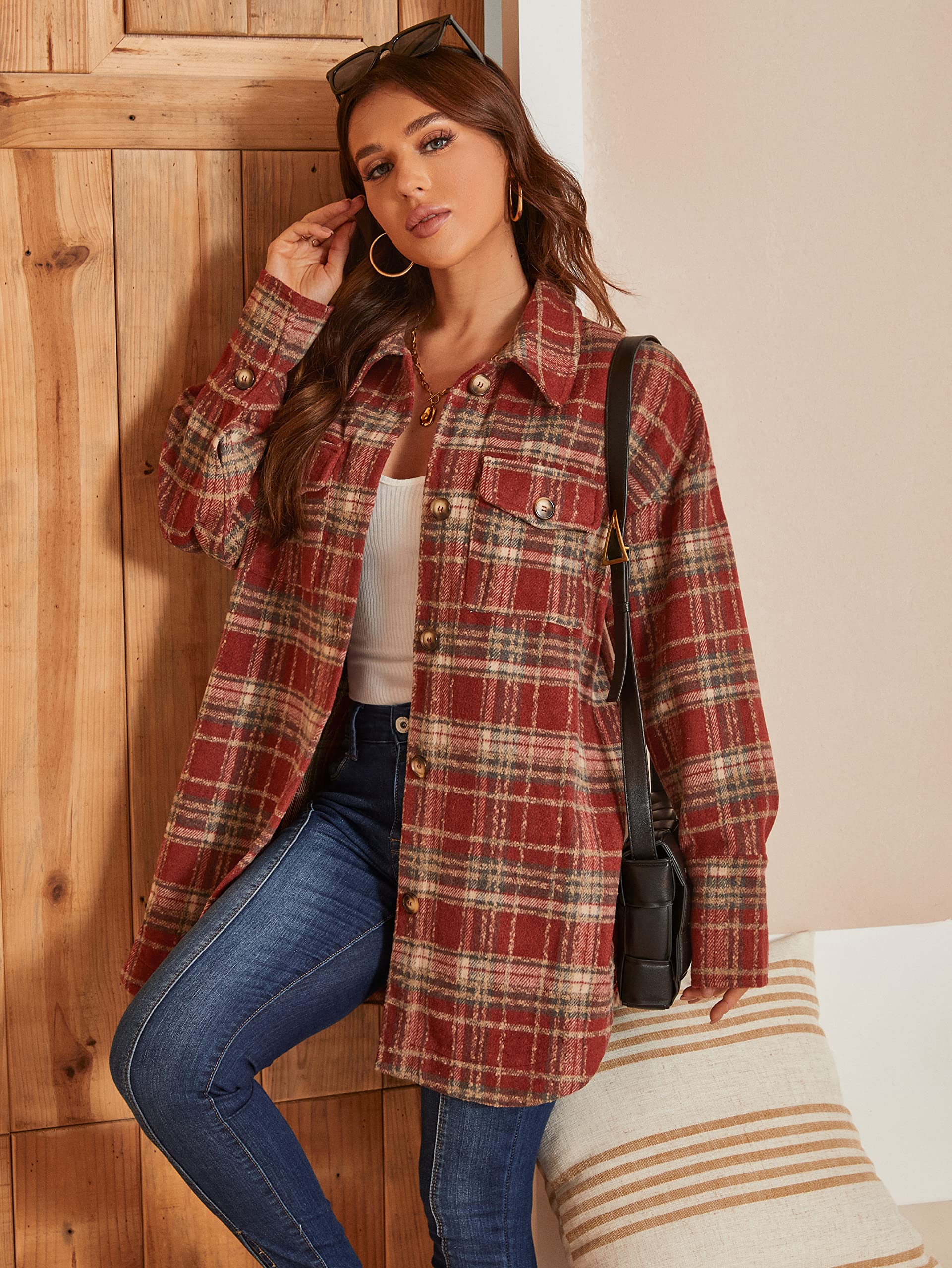 Simplee Women's Cropped Flannel Plaid Wool Blend Jacket - Cozy Winter Coat for Outdoor Hiking, Camping & Casual Streetwear Fashion