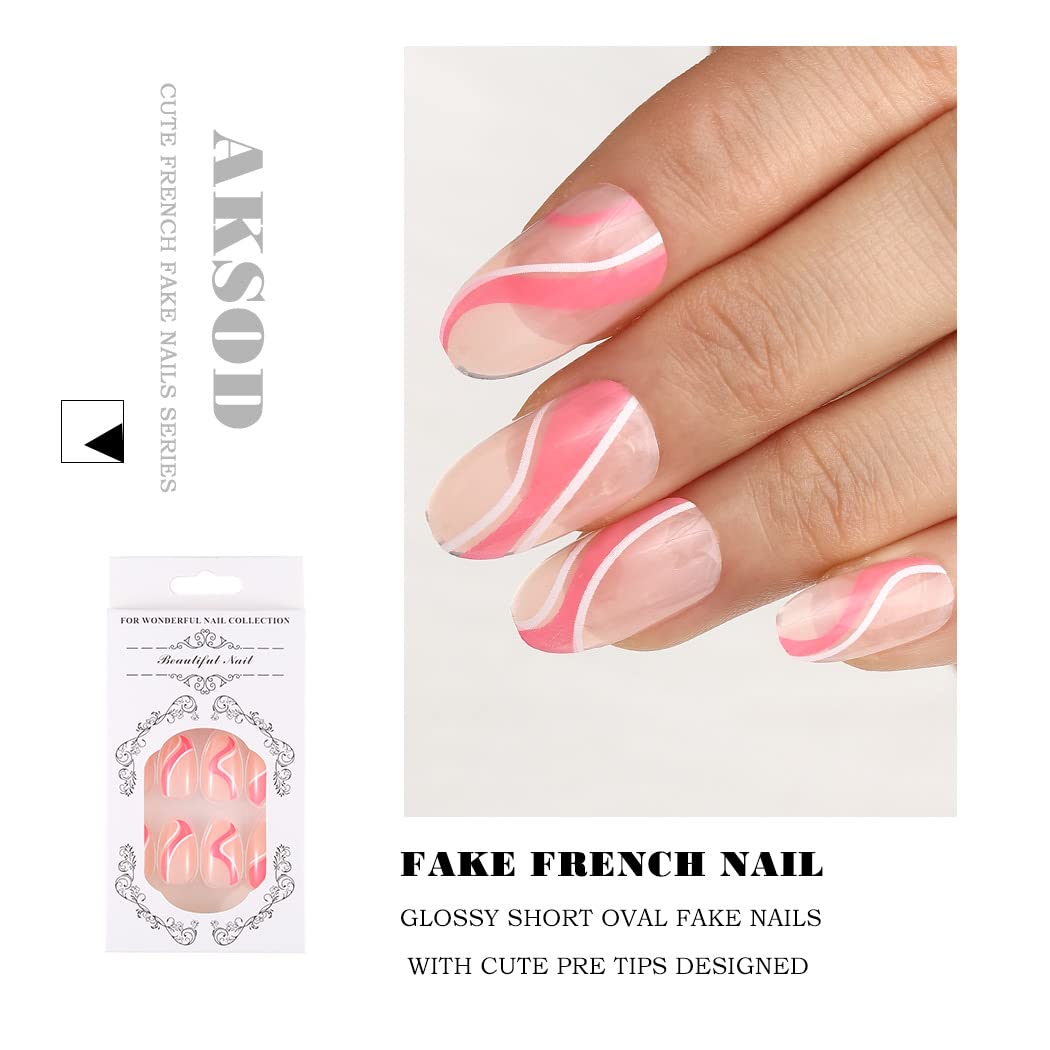 Elegant Abstract Line Press on Nails - Almond Medium French Fake Nails with Glossy Pink Design - 24Pcs Full Cover Artificial Nails for Women & Girls - Perfect for Parties, Weddings, and Daily Fashion