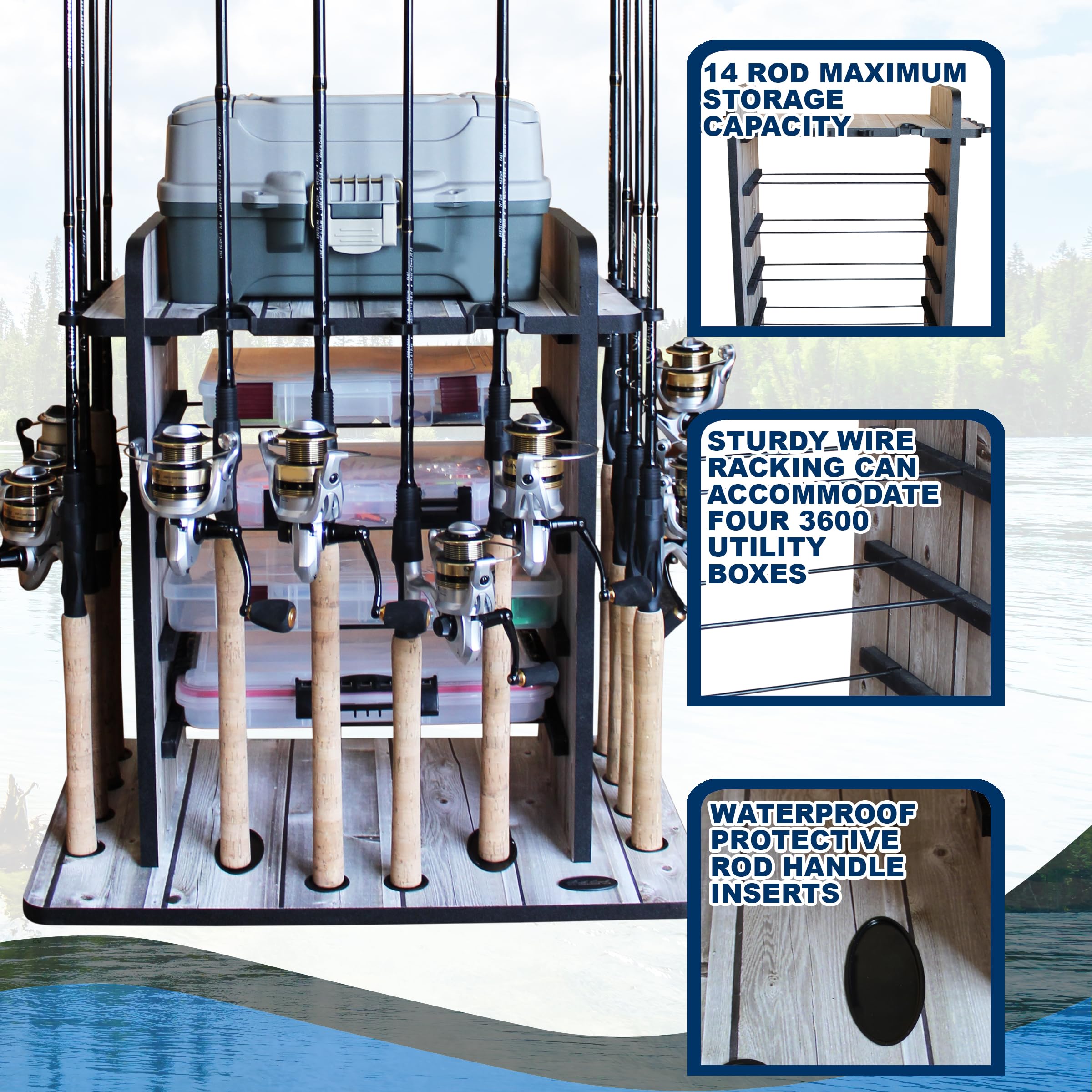 **Rush Creek Creations 14-Slot Fishing Rod Holder – Saltwater & Freshwater Pole Organizer with 4 Tackle Box Storage – Perfect for Garage, Boat & Fishing Accessories Storage**    *(Use Case: Ideal for anglers to store and organize fishing rods, tackle boxes, and gear in garages, boats, or fishing cabins.)*
