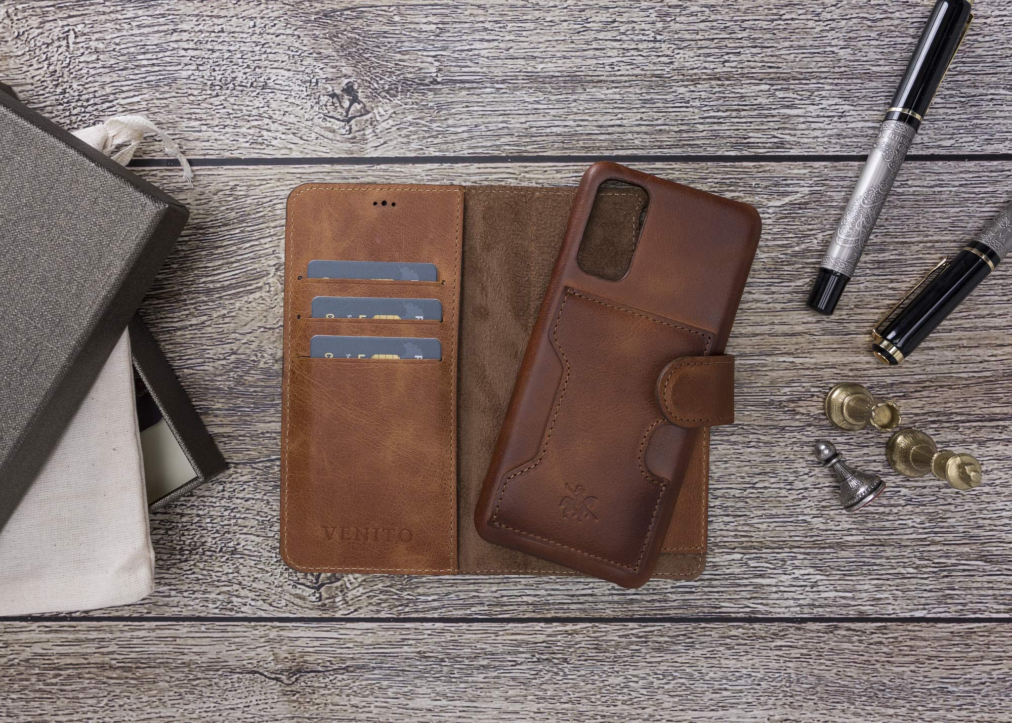 Venito Florence Genuine Leather Wallet Phone Case for Samsung Galaxy S20 - RFID Blocking for Security - Detachable Phone Wallet - Antique Brown - Perfect for Business & Travel Use
