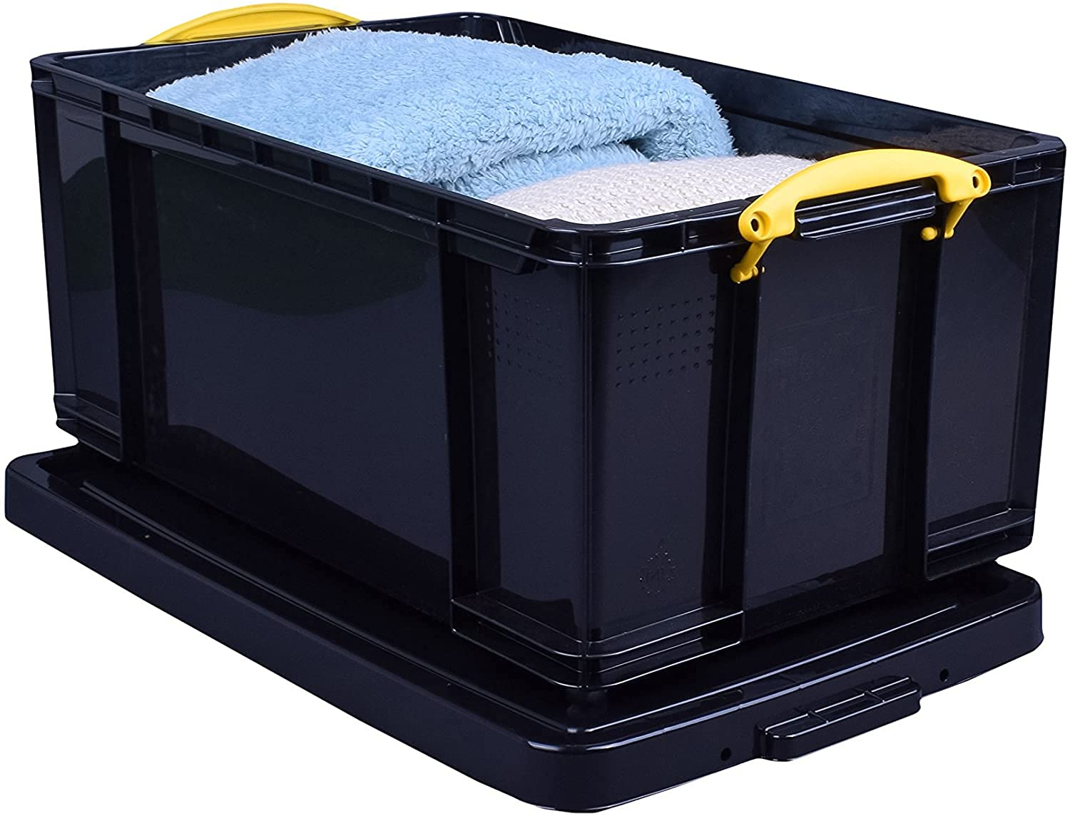 64L Really Useful Plastic Storage Box - Durable Solid Black with Yellow Handles for Home, Office & Garage Organization