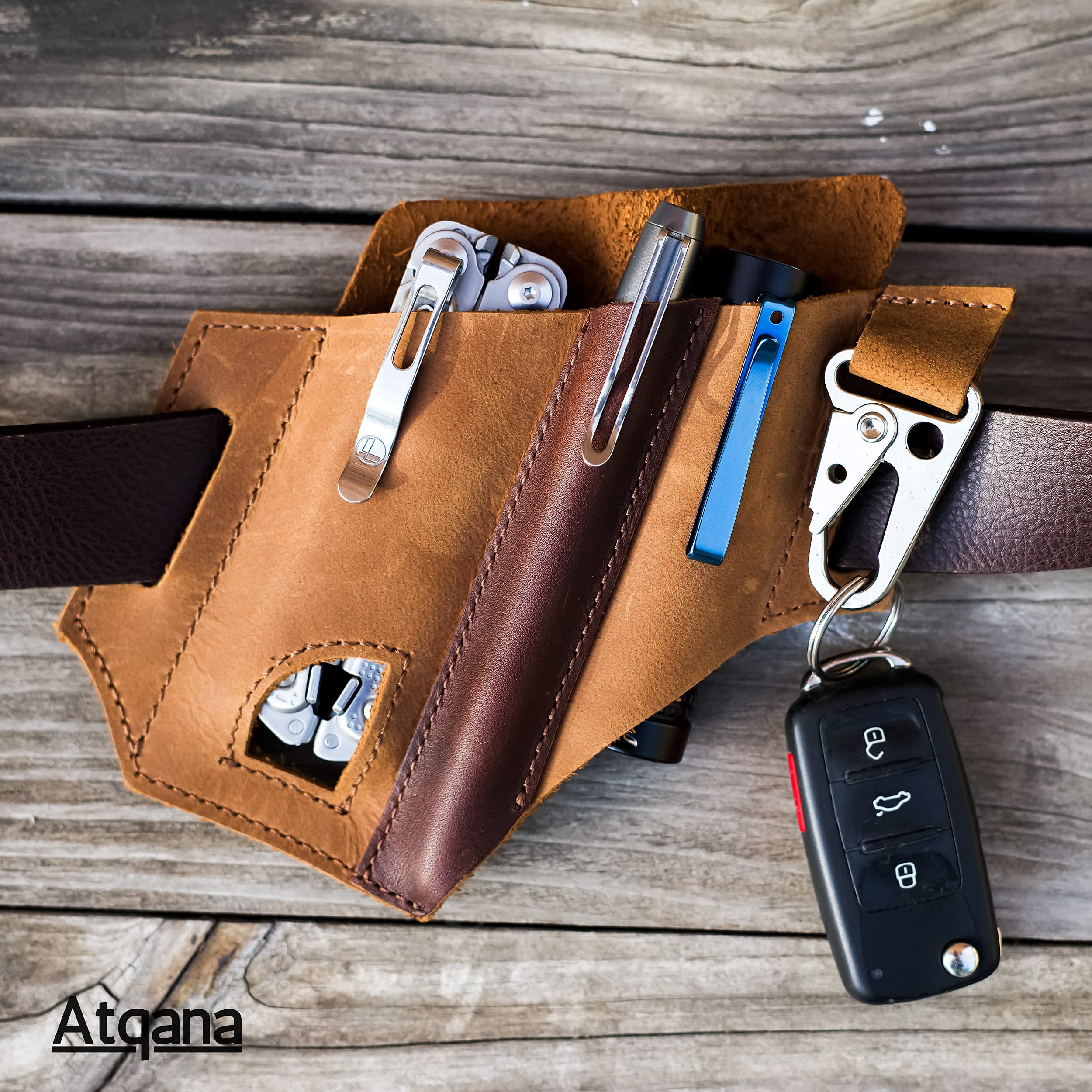 Premium Leather Multitool Sheath for Belt - Durable EDC Pocket Organizer & Leatherman Holster | Handmade Leather Pouch with Pen Holder, Flashlight Sheath & Key Fob Clip | Perfect for Camping, Hiking, Outdoor Adventures & Everyday Carry (Brown)