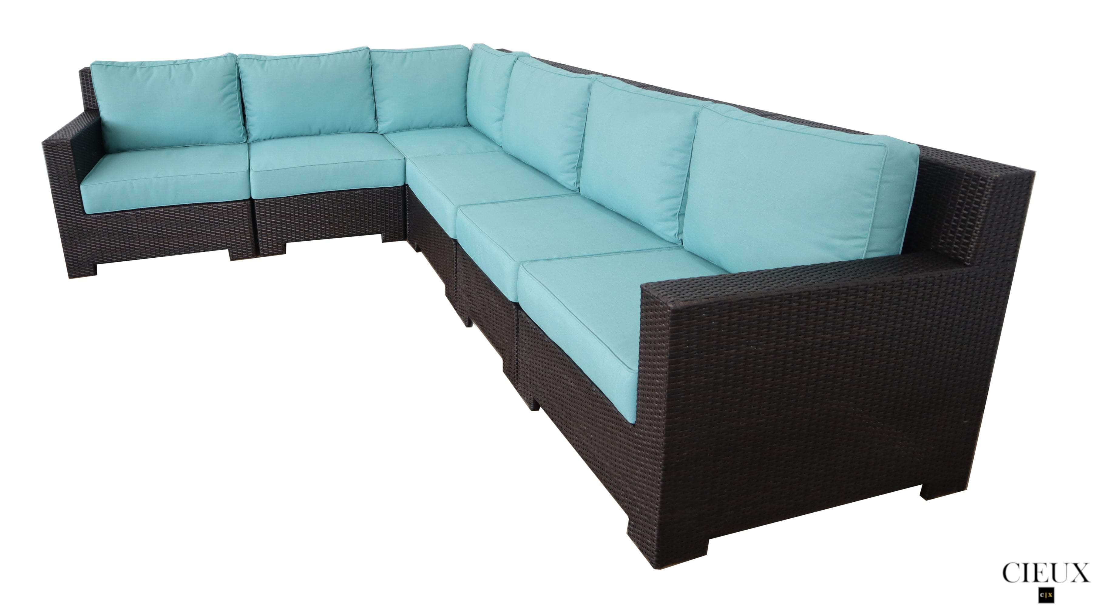 Blue Provence Outdoor Patio Wicker Rattan Modular L-Shaped Sectional Sofa Set - Waterproof & Weather-Resistant for Garden, Poolside, and Backyard Relaxation