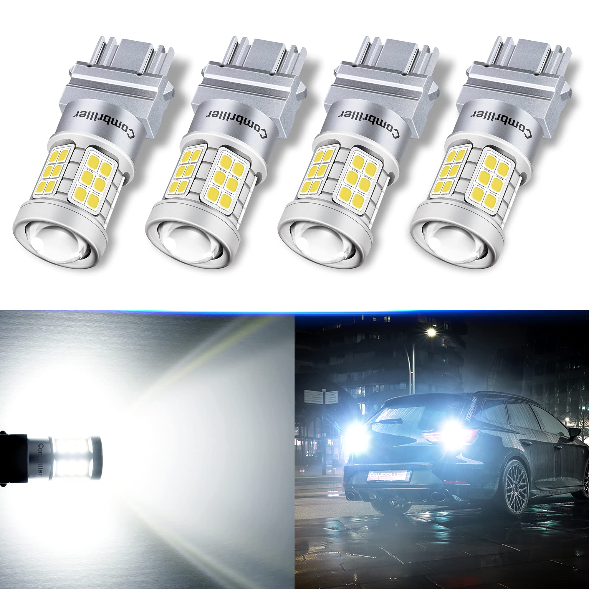 Combriller 3157 LED Bulb White 4 Pack - 3056 3156 3057 4157 LED Bulbs for Reverse Lights, Turn Signals, Brake Lights, Tail Lights, Parking Lights - Bright & Energy Efficient - Perfect for Cars, Trucks, SUVs, Motorcycles & Trailers