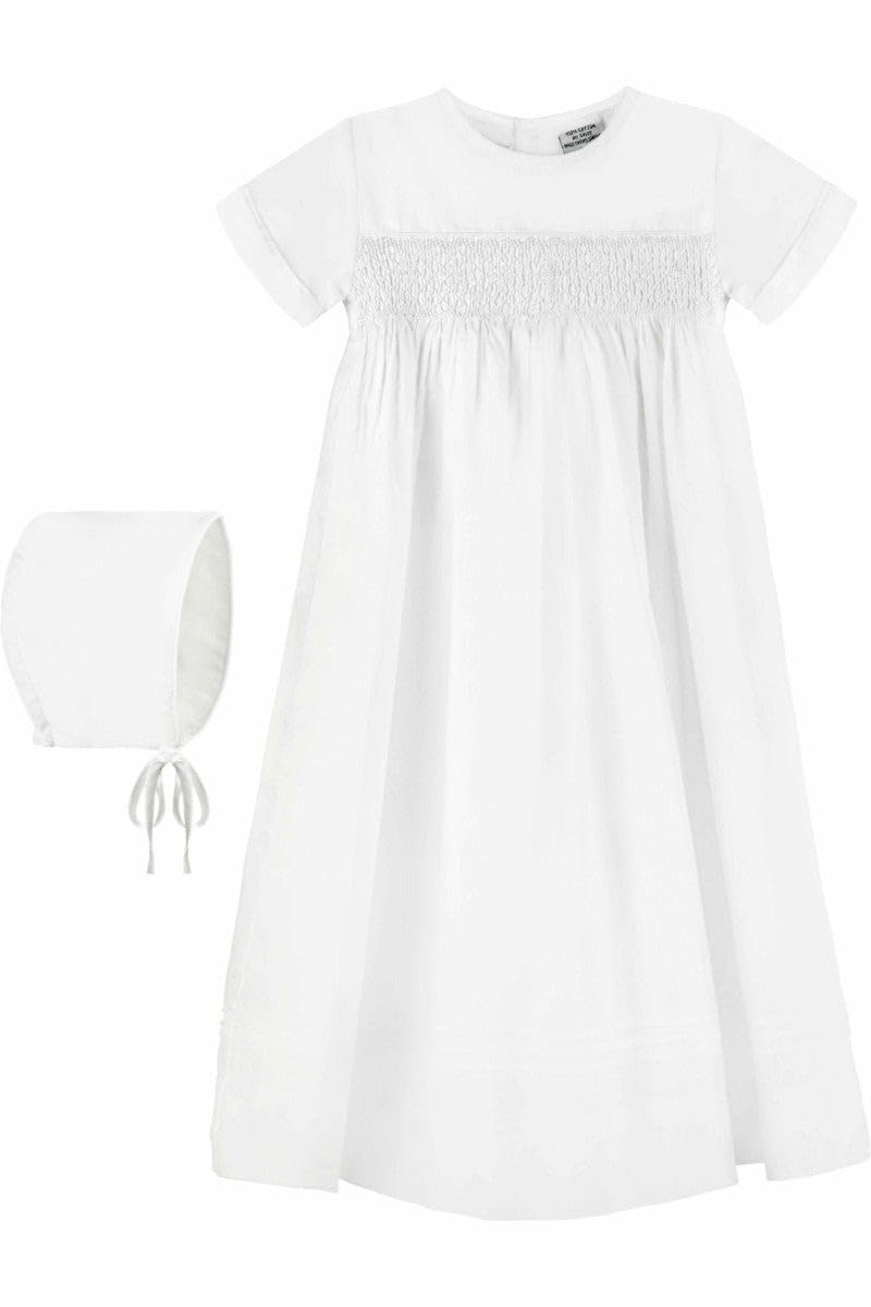 White Christening Gown for Baby - Hand-Smocked Yoke with Cross Detail, Short Sleeves & Matching Bonnet | Perfect for Baptism, First Communion & Special Occasions