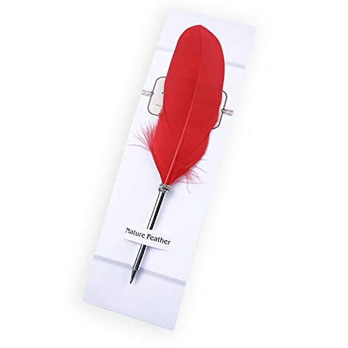 Natural Feather Ballpoint Pen with Black Ink - Elegant Luxury Writing Pen for School, Office & Signatures - Perfect for Kids, Calligraphy & Handwritten Notes (Red)