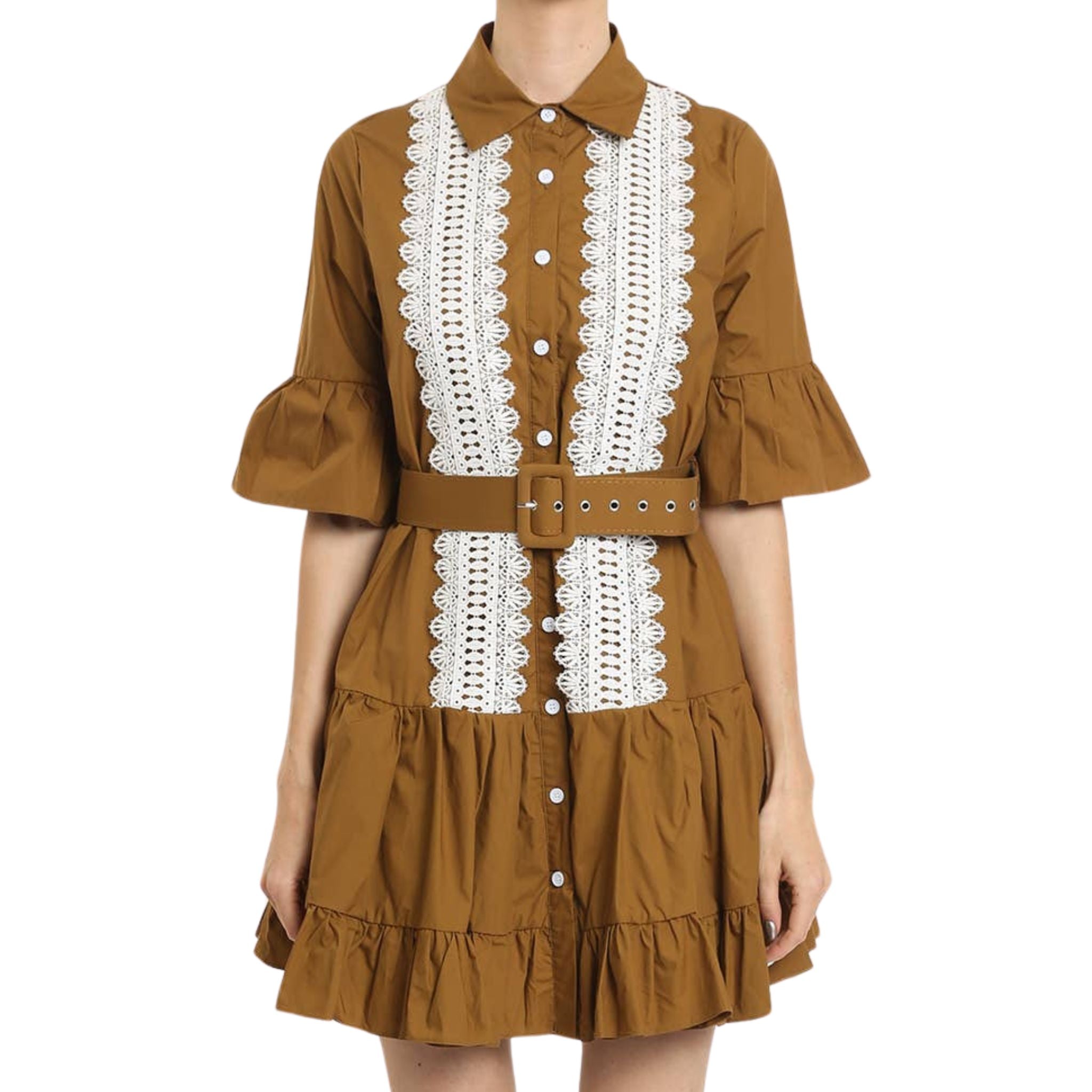 Elegant Ruffled Front Lace Detail Mini Dress with Adjustable Belt - Perfect for Date Night & Summer Parties
