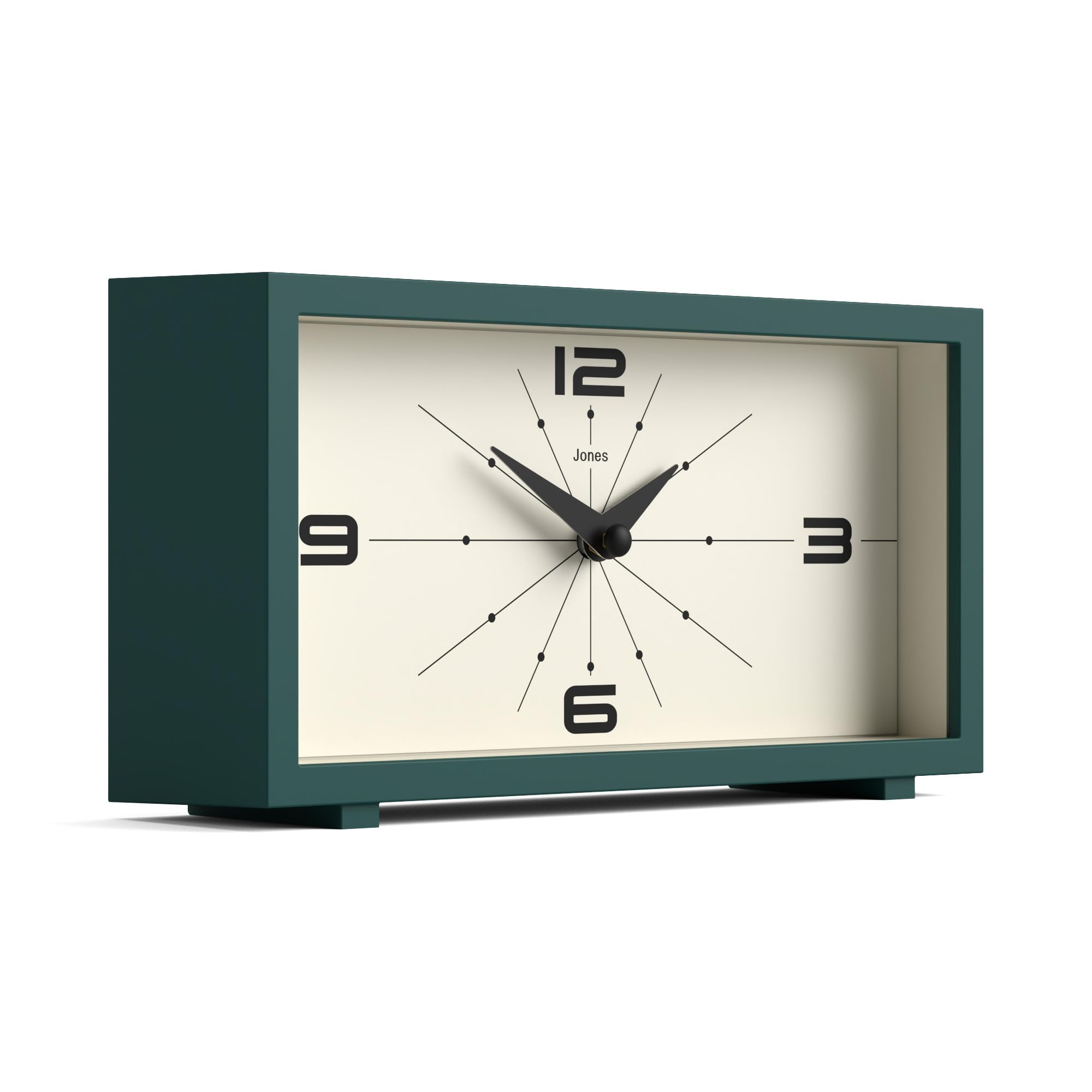 JONES CLOCKS® 'Odeon' Modern Green Rectangular Desk Clock - Stylish Retro Design for Home & Office Decor - Perfect for Shelf, Table, Mantel, Bedside or Gift Giving