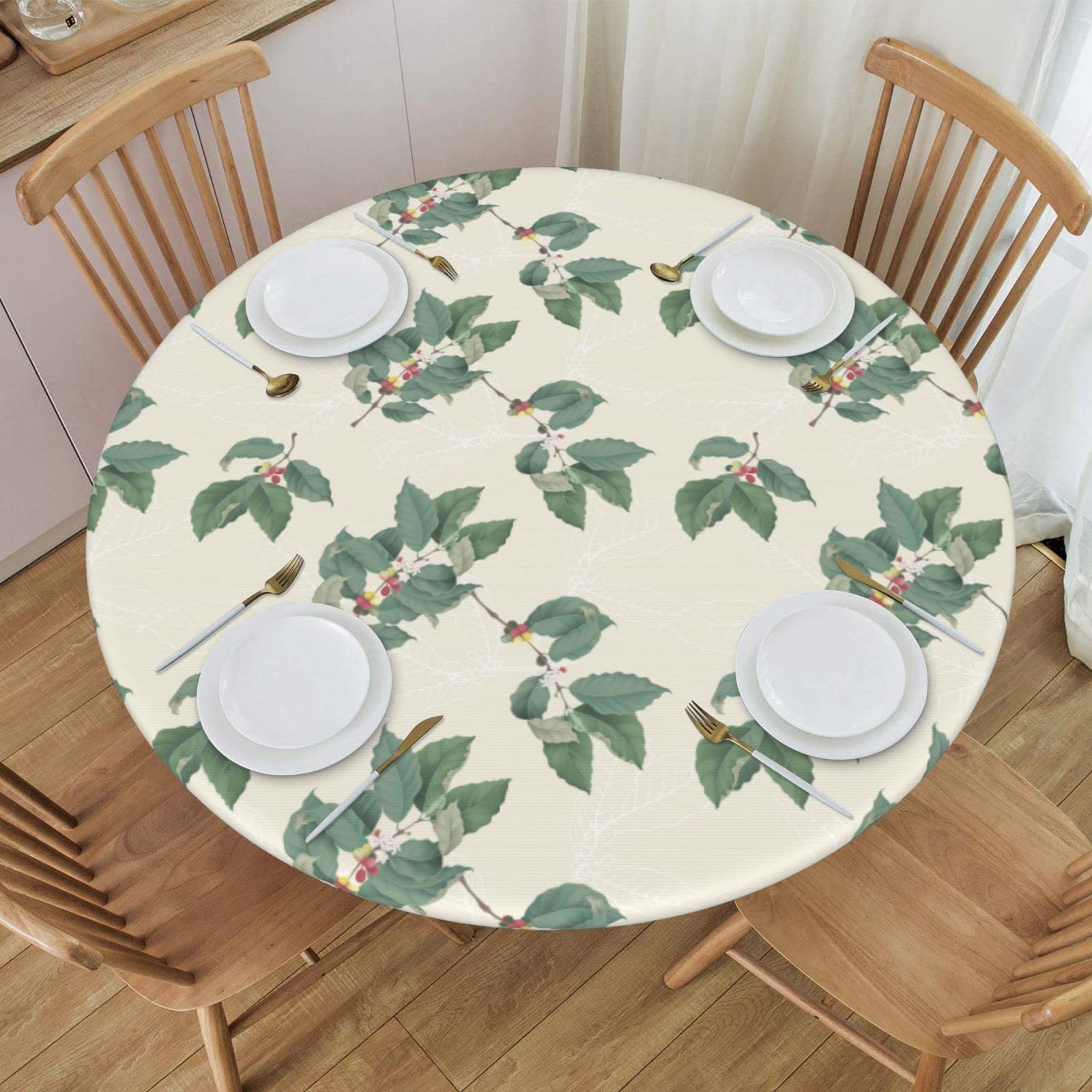 Vintage Coffee Tree Print Elastic Edged Round Fitted Tablecloth - Waterproof & Wipeable Kitchen Table Cover for 45