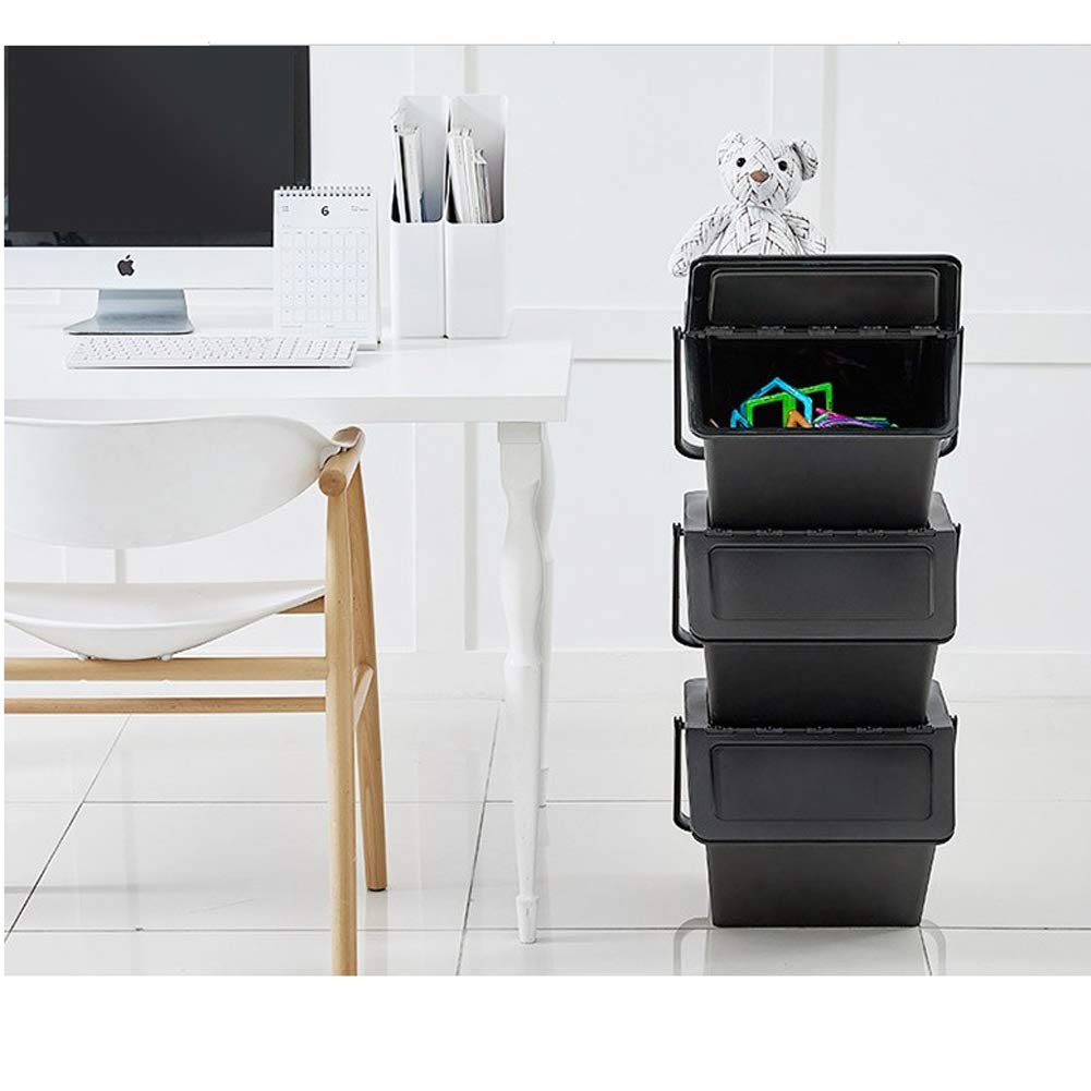 3 Pack Stackable Recycling Bins with Lids & Handles - 70L Capacity Black Organizer Containers for Home, Office, Kitchen & Garage Storage