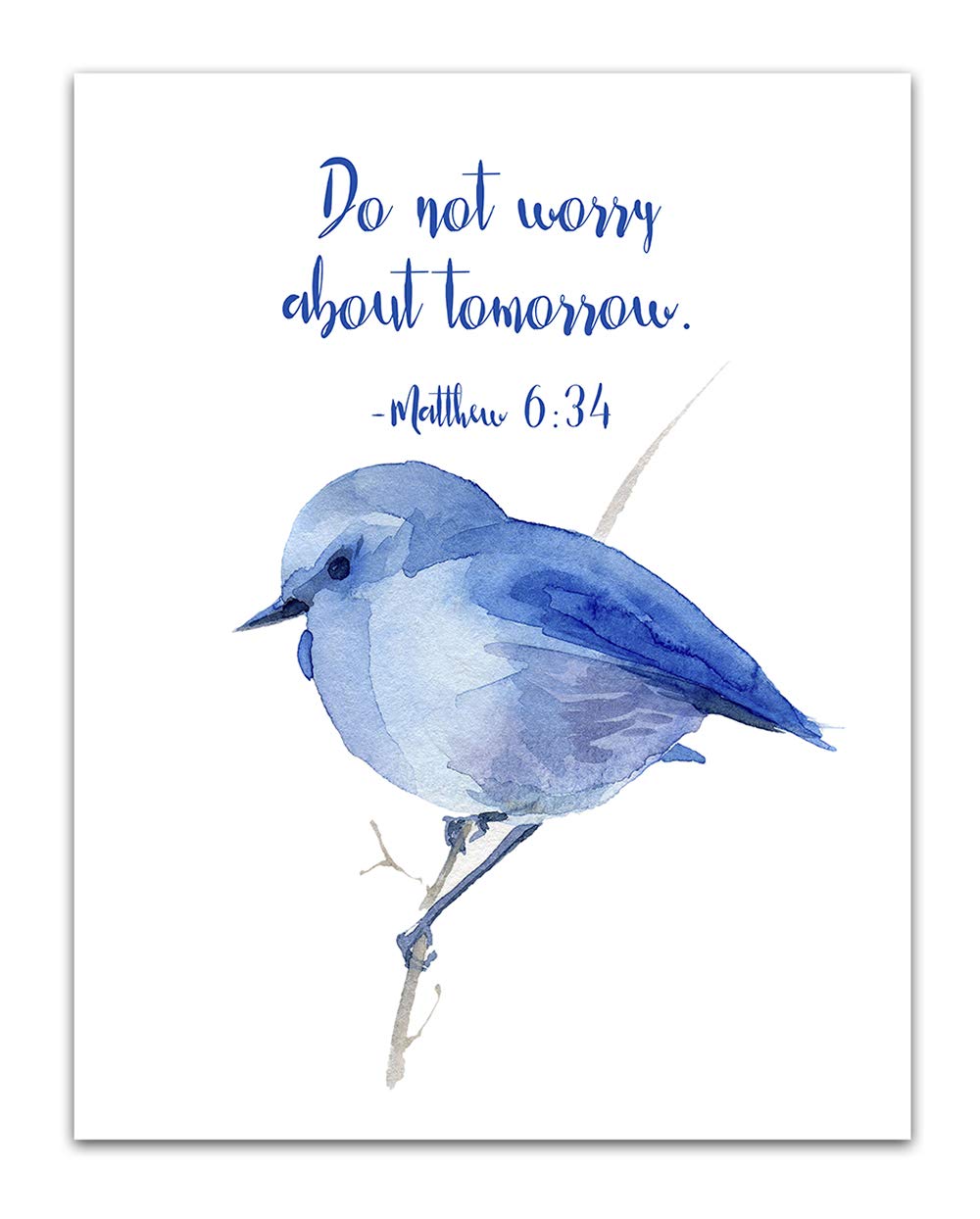 TJ Originals - Matthew 6:34 Bible Verse Wall Art - 'Do Not Worry About Tomorrow' Christian Scripture Print - 11x14 Inspirational Home Decor - Perfect Gift for Family, Friends & Women (Blue Bird Design) - Ideal for Living Room, Bedroom & Office Decor
