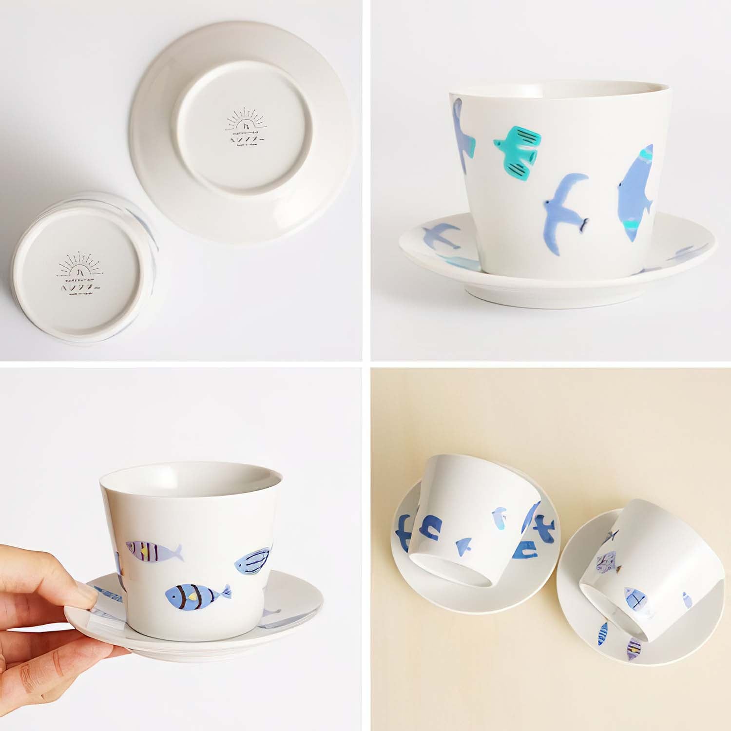 Harekutani Porcelain Blue Fish Tea Cup and Saucer Set - Handmade Japanese Ceramic Tea Cup for Coffee, Tea, and Dessert - Perfect for Afternoon Tea, Gifts, and Home Decor