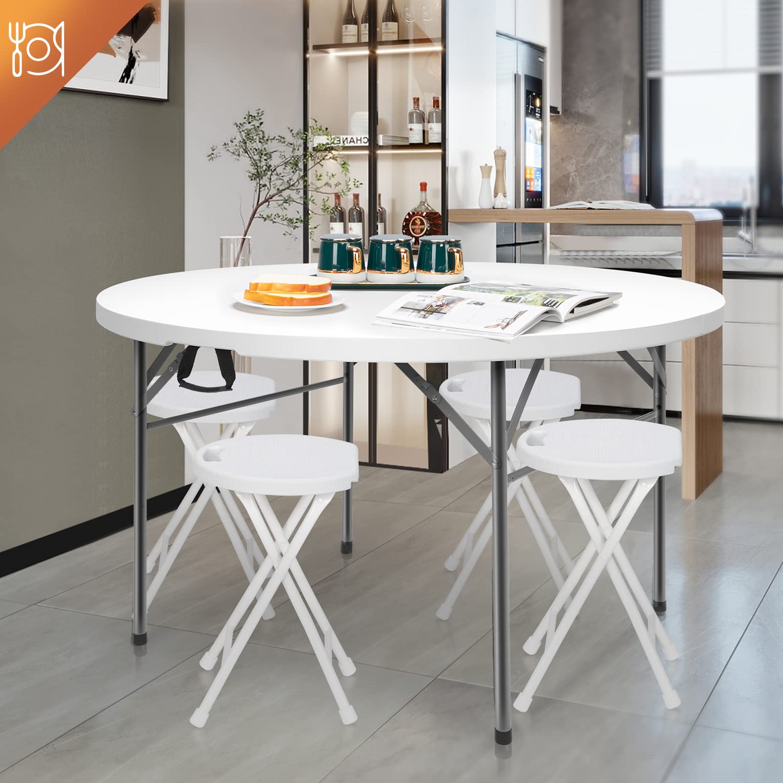 VINGLI 48 Inch Round Bi-Folding Commercial Table - 4 Feet Portable Plastic Folding Dining Card Table for Kitchen, Outdoor, Party, Wedding, Events - 2 Pack - Perfect for Catering, Banquets, Picnics, and Backyard Gatherings