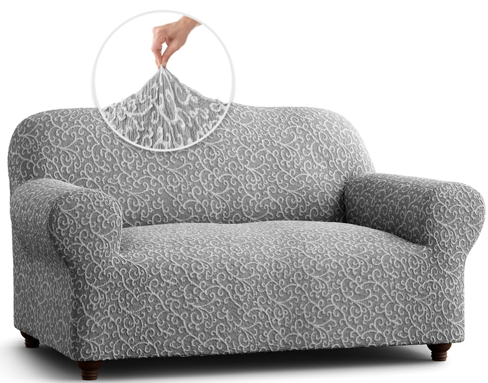 PAULATO BY GA.I.CO. Stretch Loveseat Slipcover - Oversized Chair Cover, Sofa Protector - Washable Jacquard 3D Fabric - Grey Arabesco Design - Perfect for Living Room, Bedroom & Home Decor
