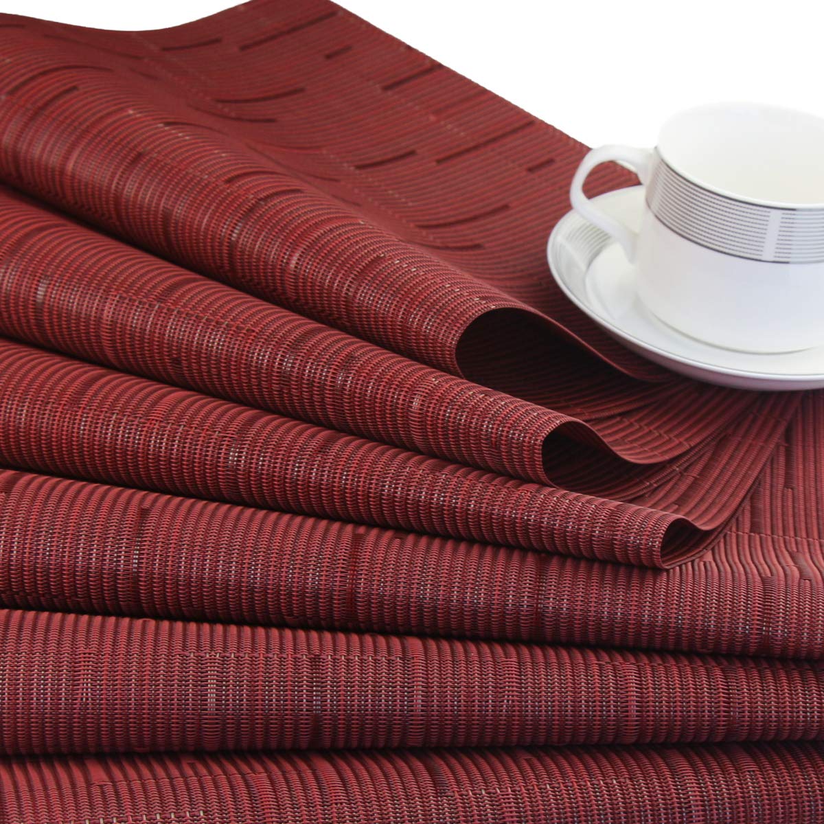 Washable Vinyl Placemats Set of 4 - Burgundy Red Woven Table Mats for Dining, Kitchen & Outdoor Use - Easy to Clean & Durable