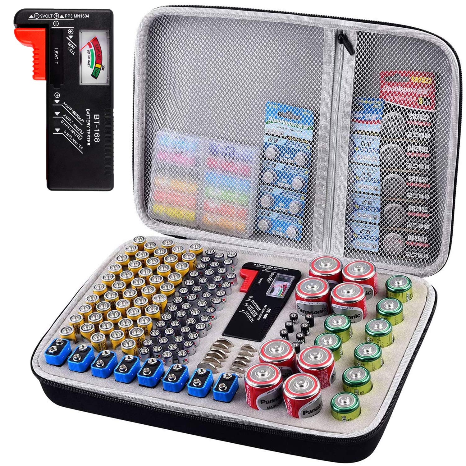 Battery Organizer Holder - 200+ Batteries Storage Case with Built-in Tester (BT-168) | AA AAA C D 9V 3V Lithium LR44 CR2 CR1632 CR2032 Button Cell Storage Solution | Perfect for Garage, Workshop & Home Organization