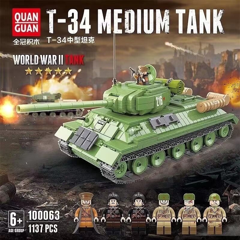 QUANGUAN Military WW2 100063 T34 Medium Tank Model - 1/35 Scale Historical Collectible for Display & Wargaming Scenes