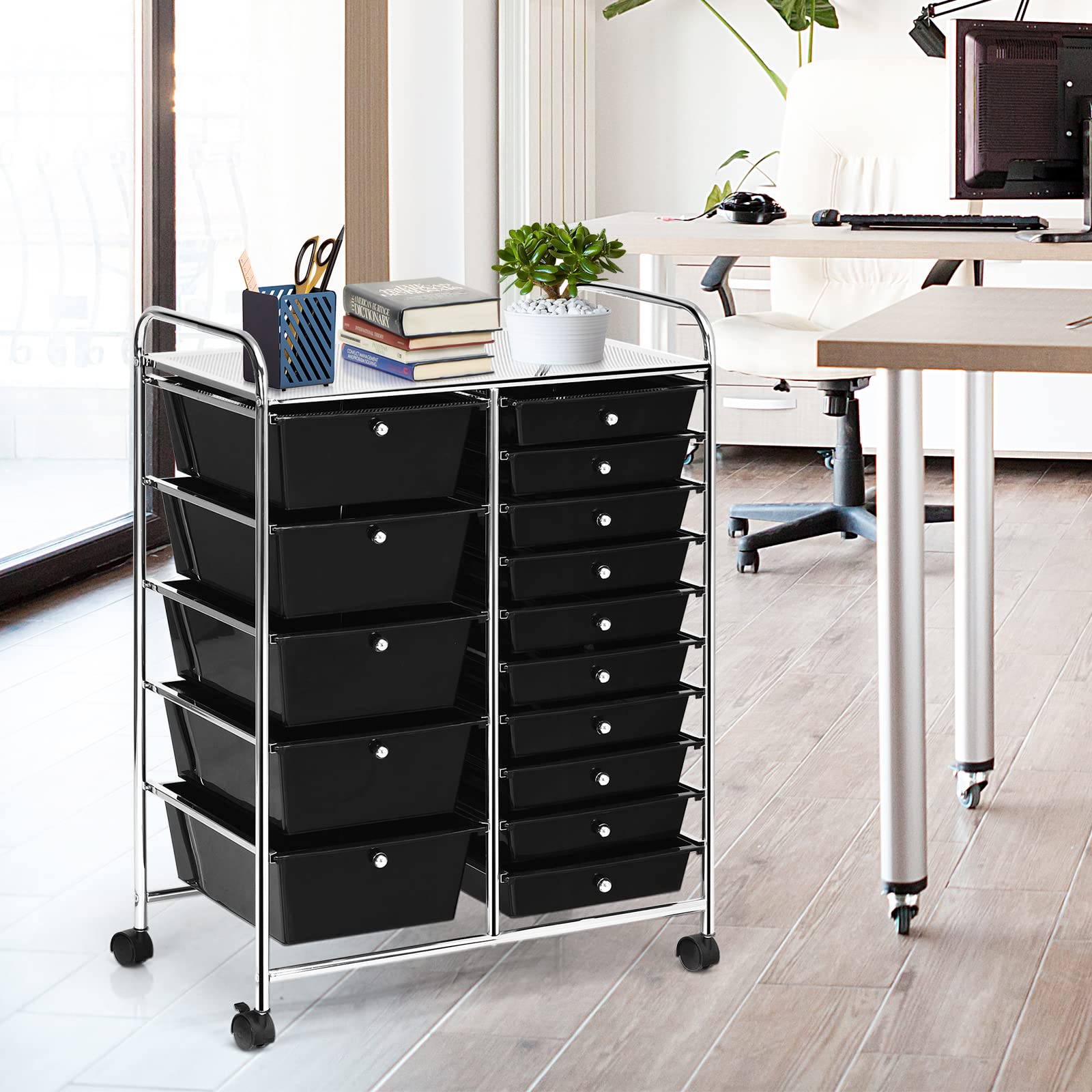 15-Drawer Storage Cart Organizer - Rolling Trolley for Office & School Files