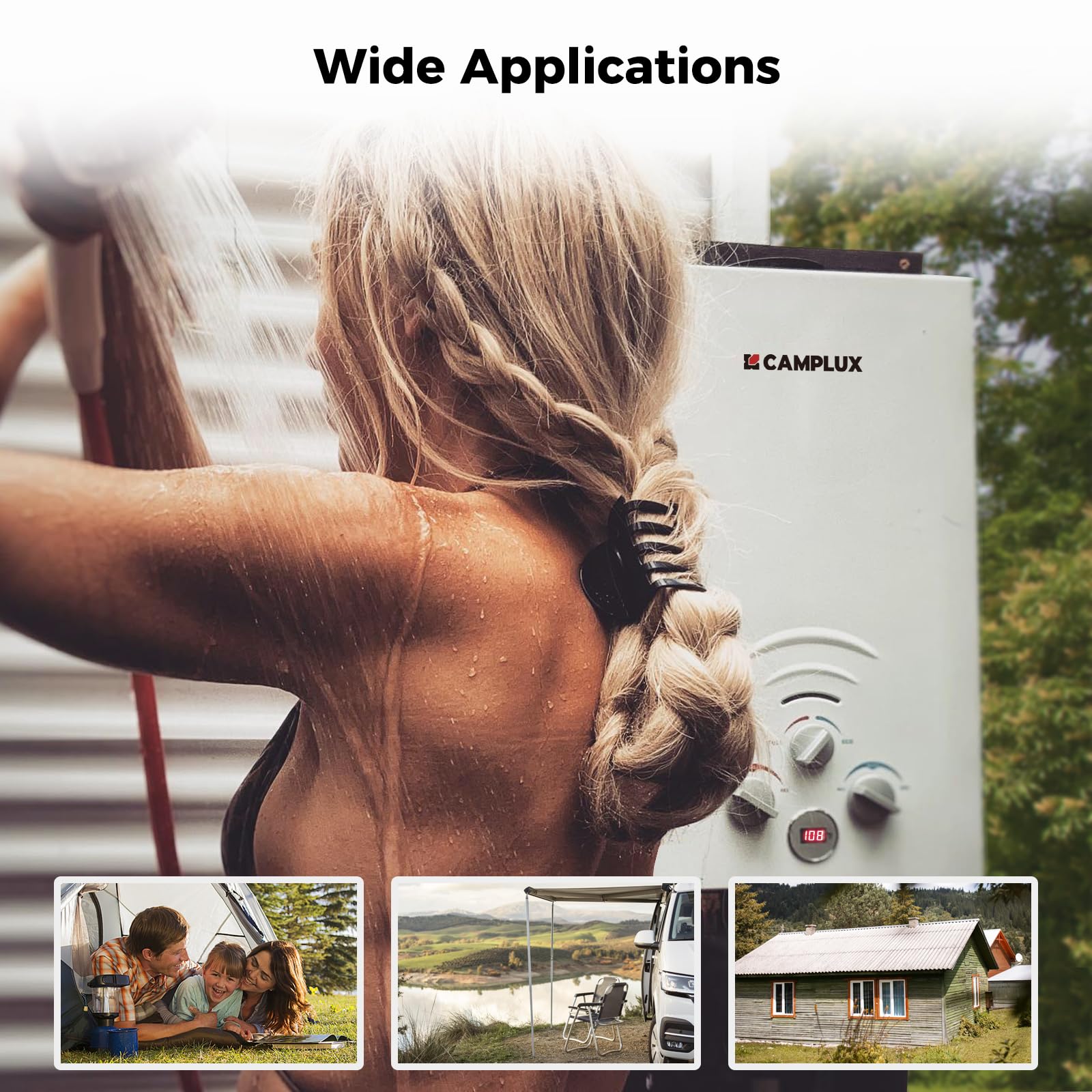 CAMPLUX 1.58 GPM Tankless Propane Water Heater - 41,000 BTU Portable Outdoor Water Heater for Camping, RV, Hunting & Off-Grid Living - Instant Hot Water System (BW158, White)