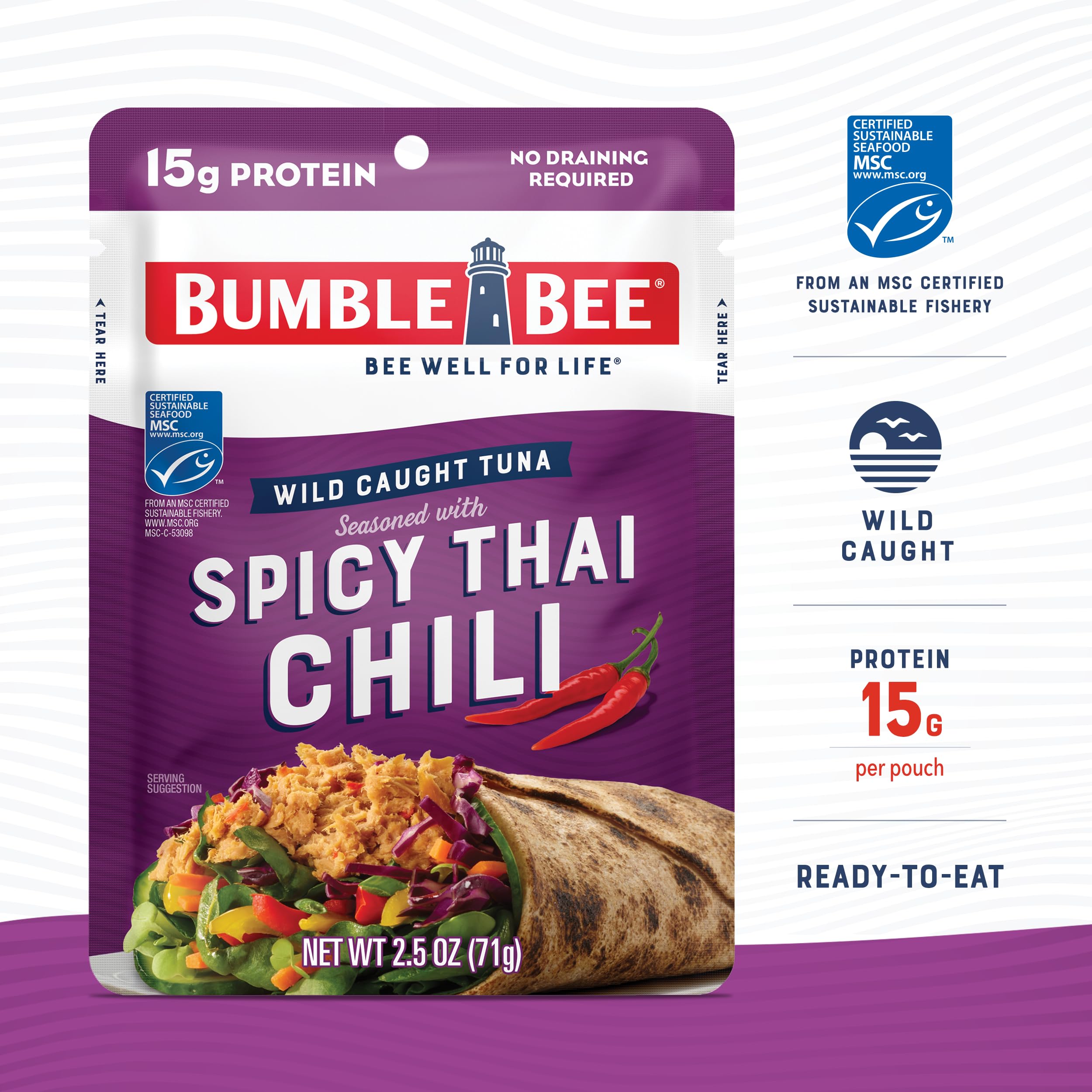 Bumble Bee Spicy Thai Chili Seasoned Tuna, 2.5 oz Pouches (Pack of 12) - Ready to Eat Wild Caught Tuna - High Protein 15g per Serving - Gluten Free & Non-GMO - Perfect for Lunches, Camping & Emergency Food Kits