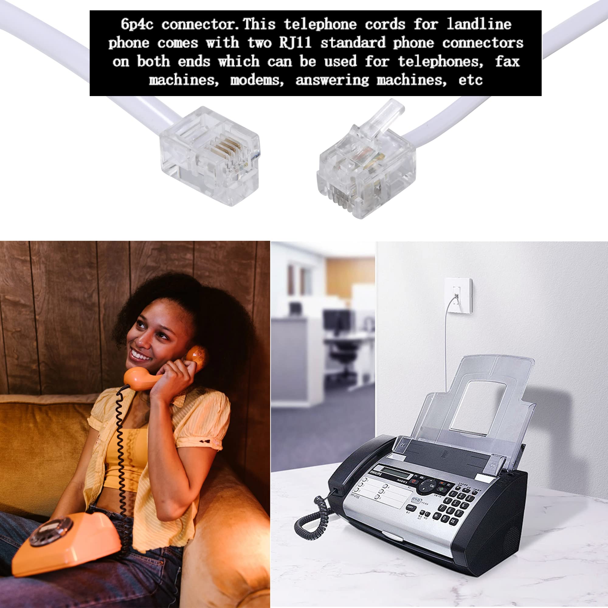 100Ft Long Telephone Extension Cord with RJ11 Plug - 1 In-Line Coupler & 35 Cable Clips - White | For Home Office, Landline Phones & VoIP Systems