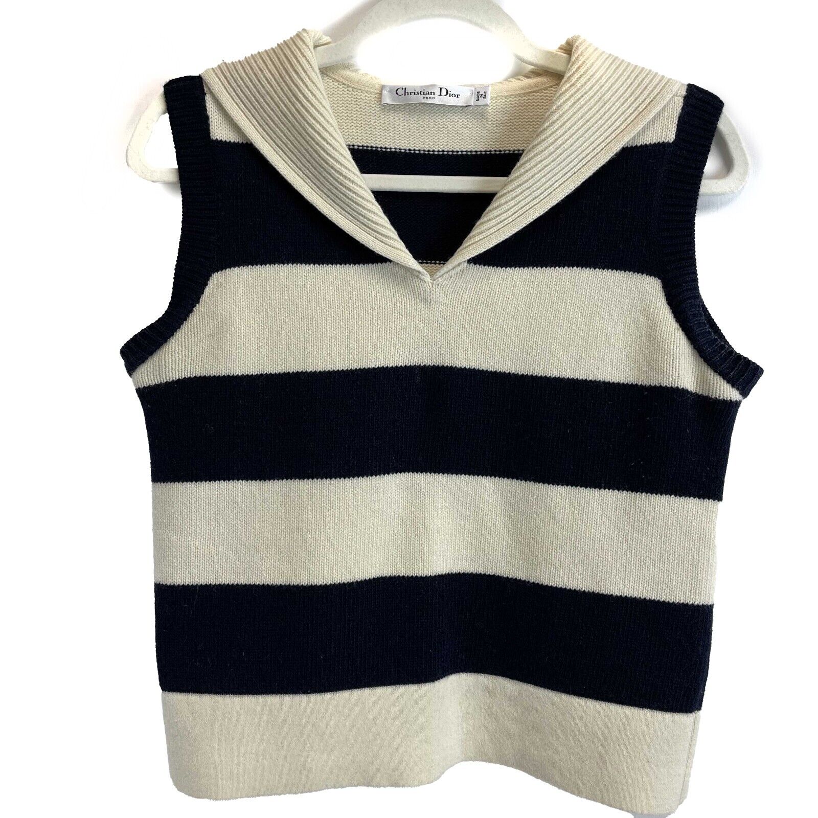 Christian Dior Rare Navy Blue Sailor Stripes Sleeveless Sweater Top Size US 2 (34) - Perfect for Summer Outings, Beach Vacations & Fashionable Layering