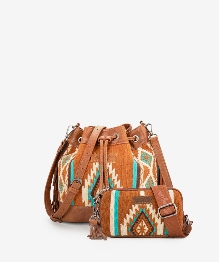 Wrangler Aztec Knitted Bucket Bag Set for Women - Boho Chic Crossbody Purse with Adjustable Strap - Perfect for Travel, Shopping & Everyday Use