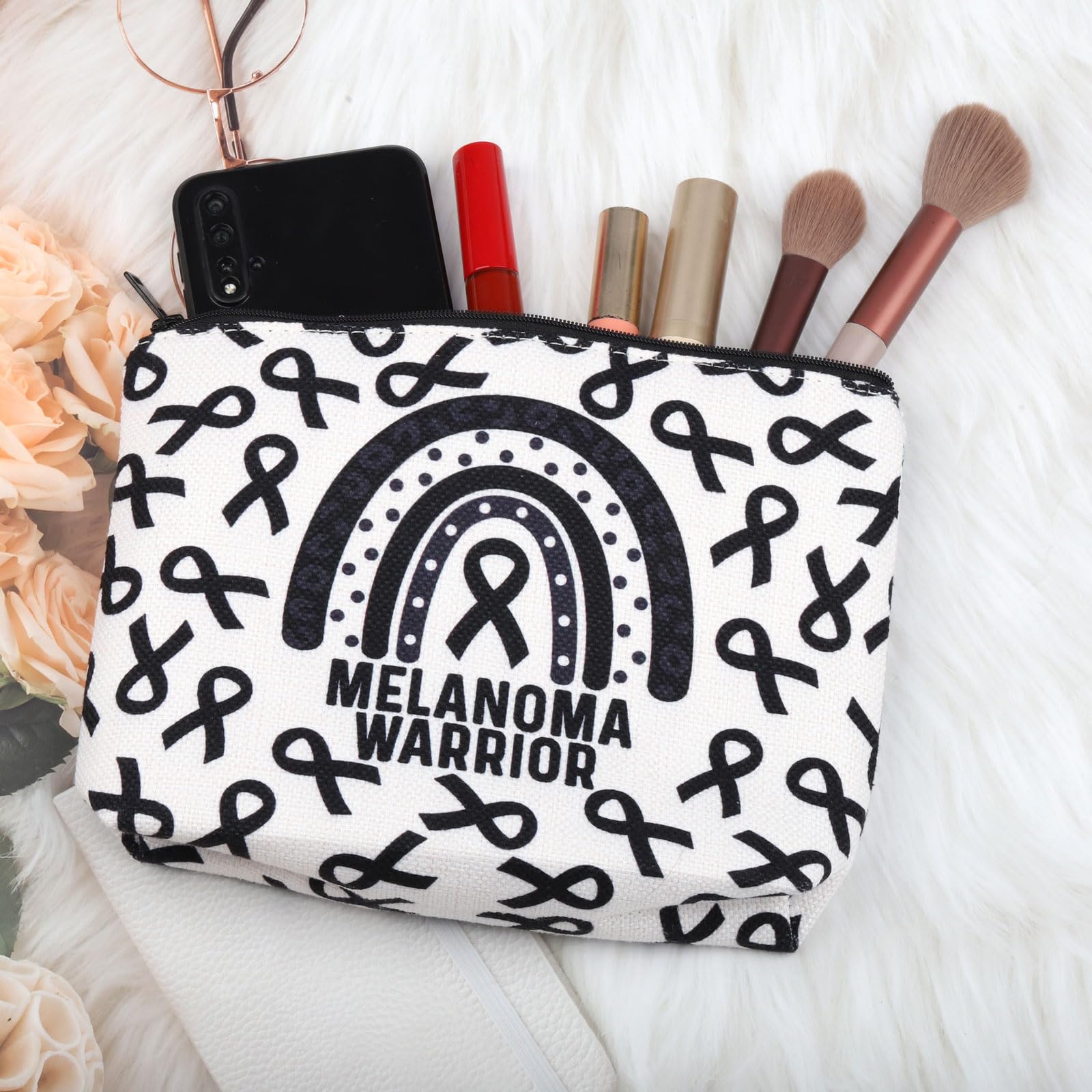 BLUPARK Melanoma Awareness Makeup Bag - Black Ribbon Skin Cancer Survivor Gift for Melanoma Warriors | Portable Zipper Pouch for Daily Use, Travel & Cosmetics Storage