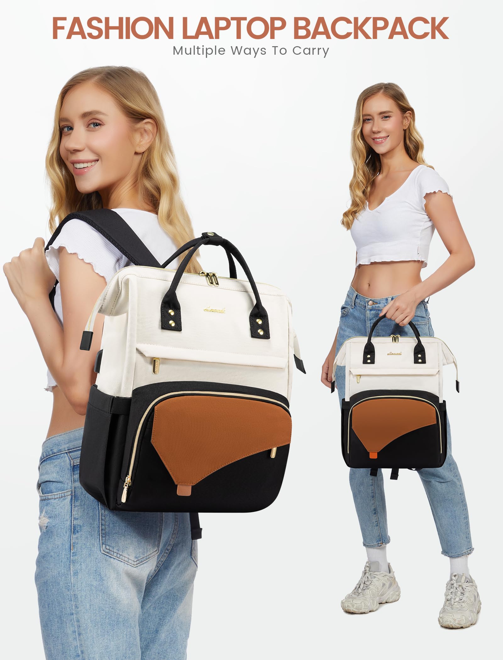 LOVEVOOK Women's Waterproof Laptop Backpack - 15.6 Inch Work Travel Bag for College, Office & Professionals (Teacher, Doctor, Nurse) - Stylish & Durable Purse Backpack in Black, Beige & Brown - Perfect for Commuting, Business Trips & Campus Life