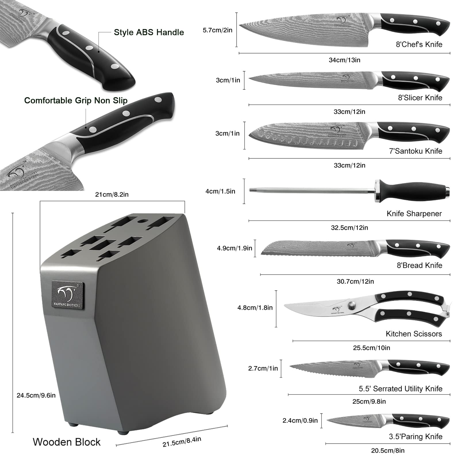 Premium Damascus Steel Kitchen Knife Set - 9-Piece Chef Knives with Wooden Block, Ergonomic ABS Handles, Knife Sharpener & Kitchen Shears - Perfect for Home Cooking, Professional Chefs & Gourmet Food Preparation