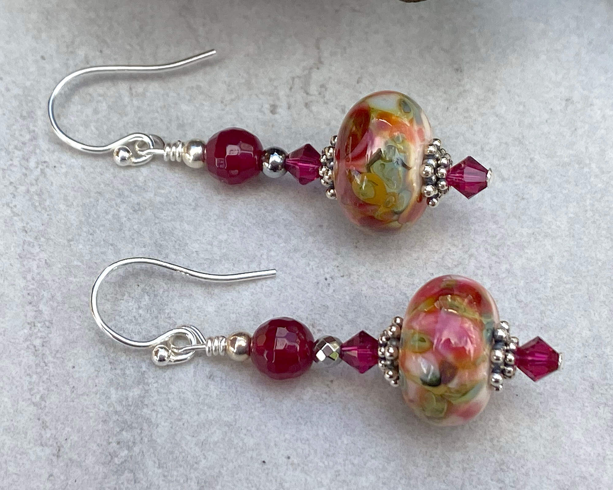 Handmade Ruby Agate Gemstone Lampwork Earrings for Women - Elegant Dangle Beaded Jewelry for Party, Wedding & Special Occasions