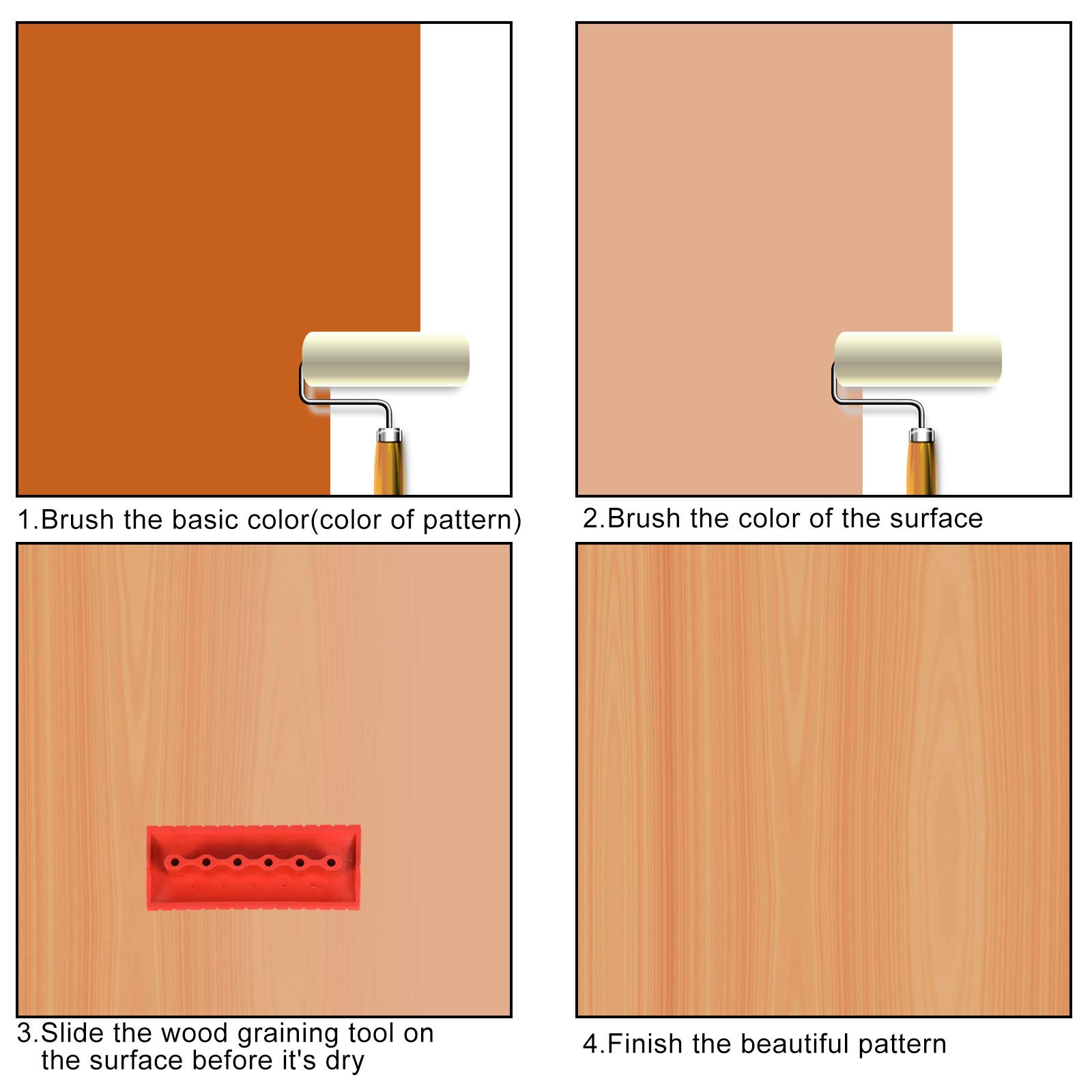 Rubber Wood Grain Painting Tool Set - DIY Wood Texture Graining Kit for Walls & Furniture (4-Piece, Black & Red) - Perfect for Home Decoration, Wall Art, and DIY Wood Grain Effects