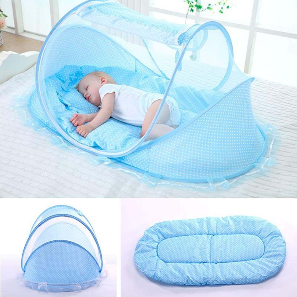 Breathable Baby Sleep Net & Portable Crib Cover - Foldable Travel Bed Netting for Infant Cot (Sky Blue & Green) | Perfect for Nursery, Outdoor Camping & Airplane Travel