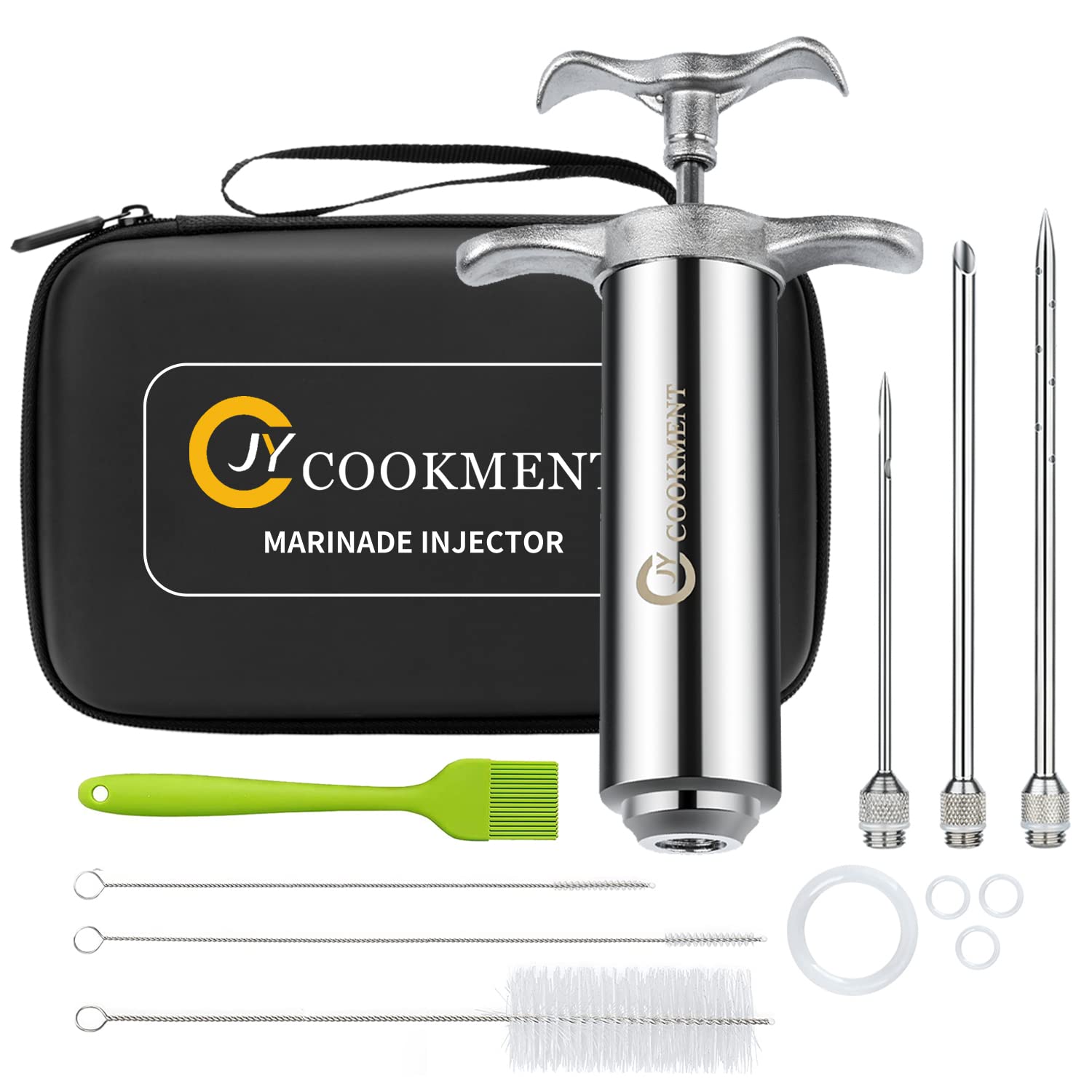 Premium 2-oz Stainless Steel Meat Injector Syringe with 3 Needles & Travel Case - Perfect for BBQ, Grilling, Smoking Turkey & Brisket - Includes Paper Instructions & Free E-book by JY COOKMENT - Ideal for Home Chefs, Outdoor Cooking & Holiday Meals
