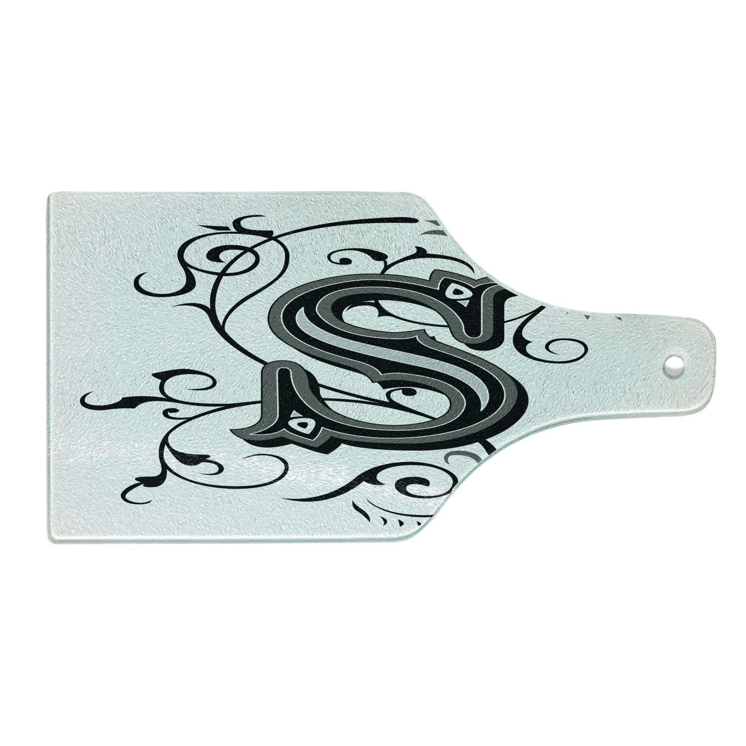 Ambesonne Letter S Tempered Glass Cutting Board - Monochrome Alphabet S with Abstract Swirl Design - Decorative Serving Board for Kitchen & Dining - Perfect for Wine Bottle Display, Charcuterie & Entertaining - Black Grey White
