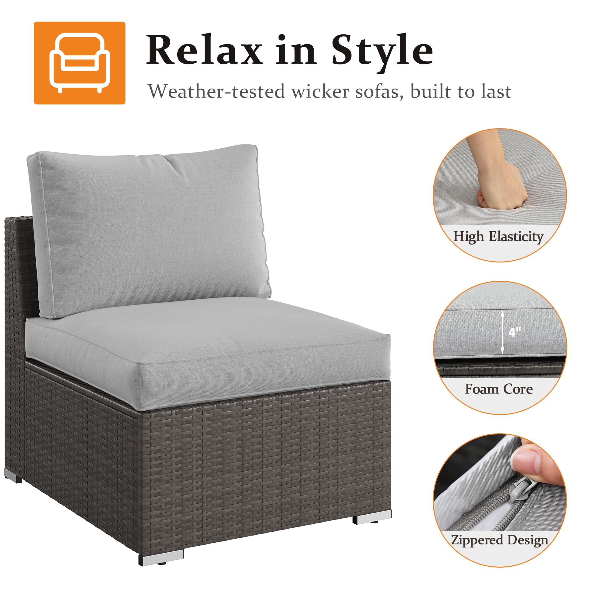 2-Piece Wisteria Lane Outdoor Patio Furniture Set - Grey Sectional Sofa with Armless Design, Tempered Glass Table & Cushions - Perfect for Garden, Backyard, Poolside or Balcony Relaxation