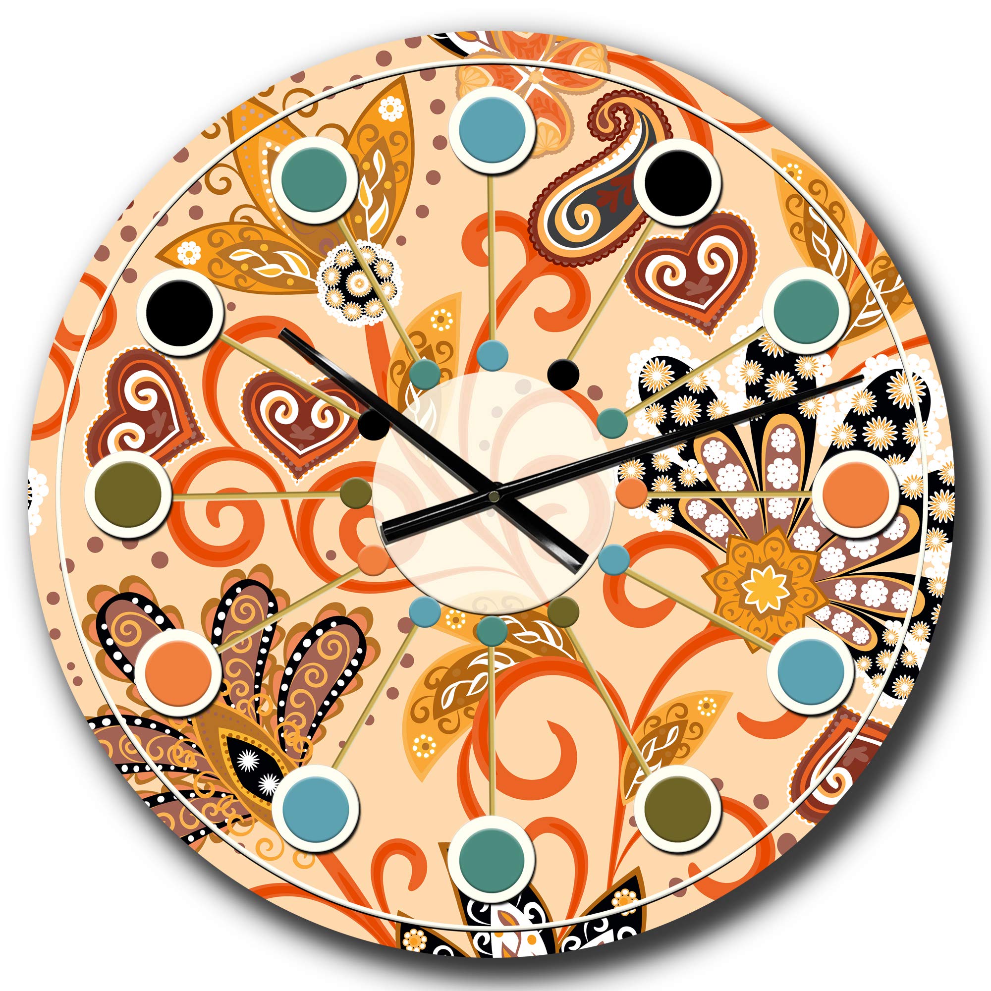 Designart Retro Indian Floral Batik III Wall Clock - Mid-Century Modern Round Metal Wall Art for Home Decor | Perfect for Living Room, Bedroom & Office | Vintage Style Decorative Clock for Boho & Retro Interiors