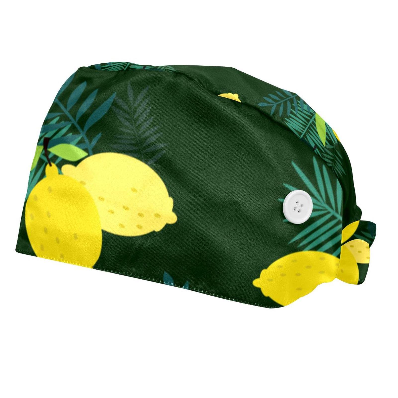 Adjustable Bouffant Caps with Button - 2 Pack Women's Ponytail Work Hats with Elastic Tie Back - Lemon Leaf Design for Salon, Kitchen, Medical & Food Service