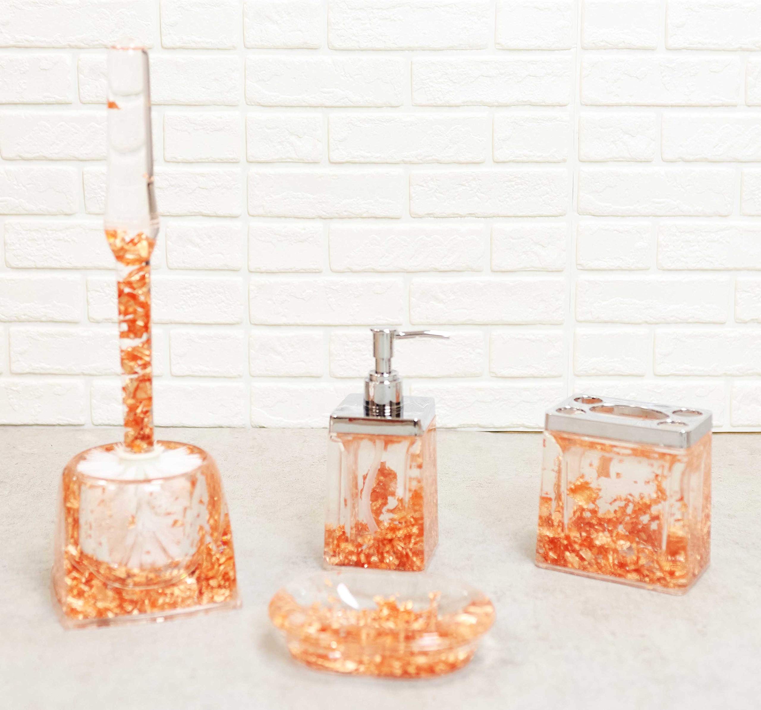 Ebros 5-Piece Luxury Bathroom Accessory Set - 3D Floating Motion Toothbrush Holder, Toothpaste Dispenser, Soap Dish, Pump Dispenser & Toilet Brush with Base (Shiny Copper) - Perfect for Modern Bathrooms, Guest Suites & Spa-Style Decor