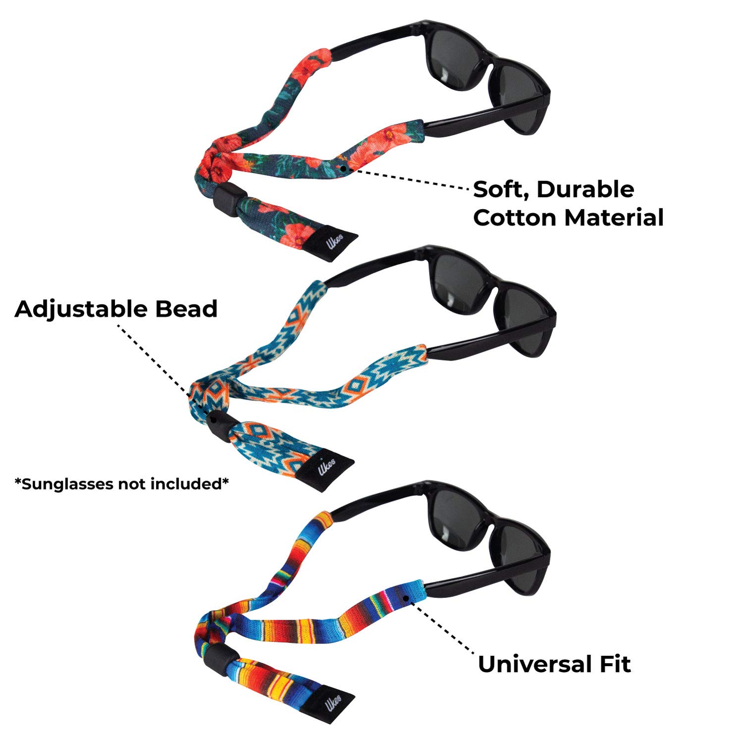 Ukes Kids Cotton Sunglass & Glasses Straps - 3 Pack (Glasses Not Included) | Secure & Comfortable Eyewear Holder for Active Children | Perfect for Sports, School & Outdoor Play