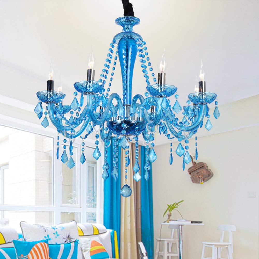 LITFAD 6-Light Rustic Crystal Chandelier - Clear Blue Tapered Candle Pendant Light with 12