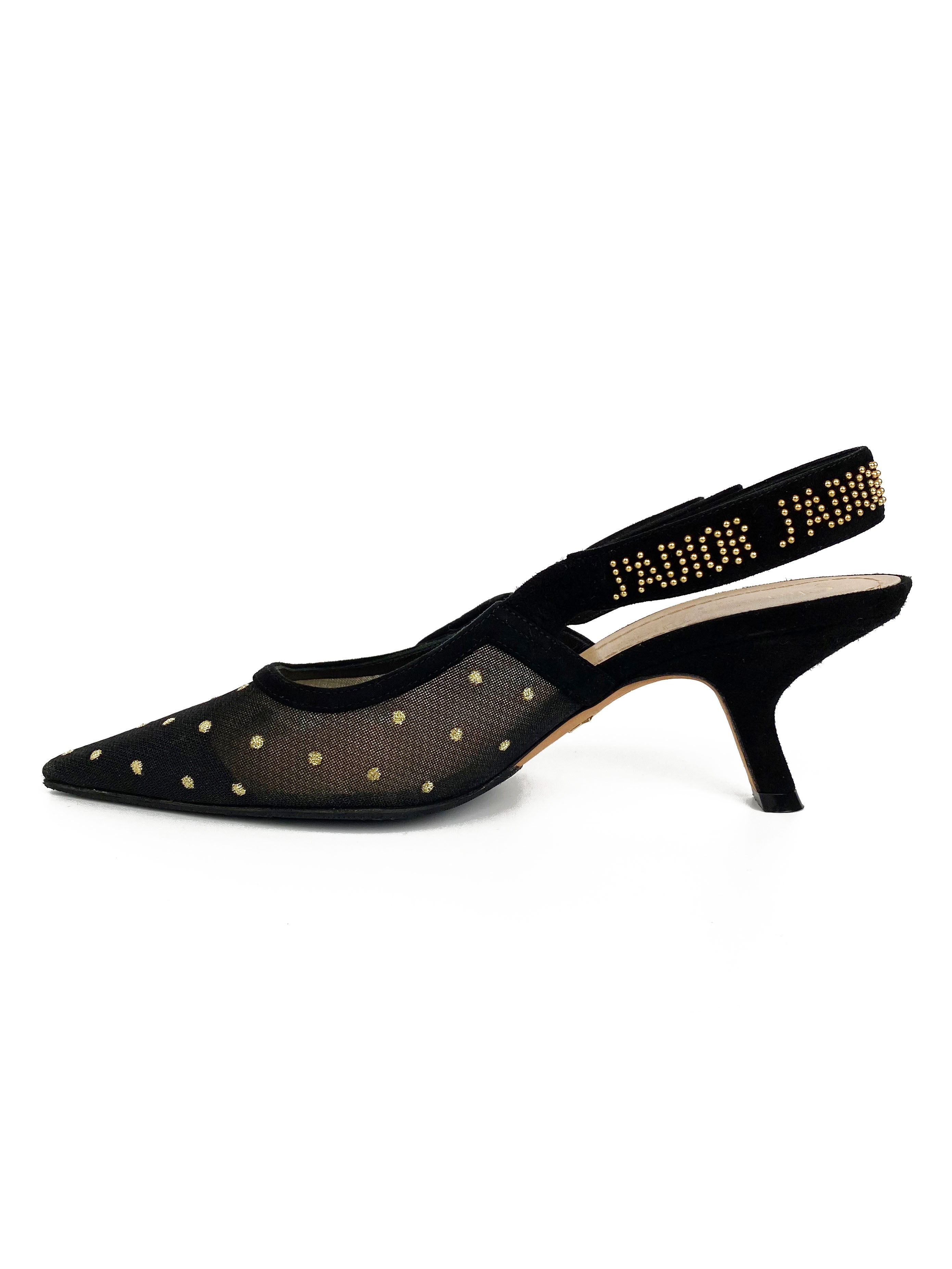 Christian Dior Black & Gold Plumetis Slingback Heels Size 37 | Luxury Women's Designer Shoes for Weddings, Parties & Special Occasions