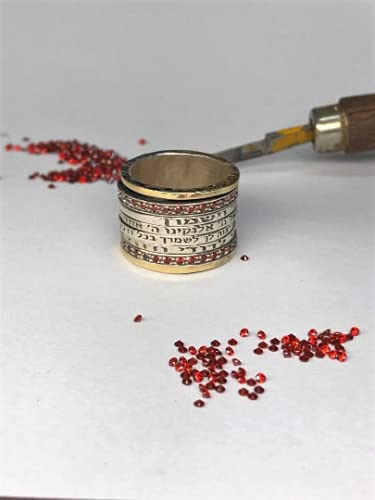 9K Gold & Silver Red Garnet Ring with Hebrew Engraving - Jewish Wedding Band for Women, Elegant Blessing Ring for Brides, Anniversary & Special Occasions