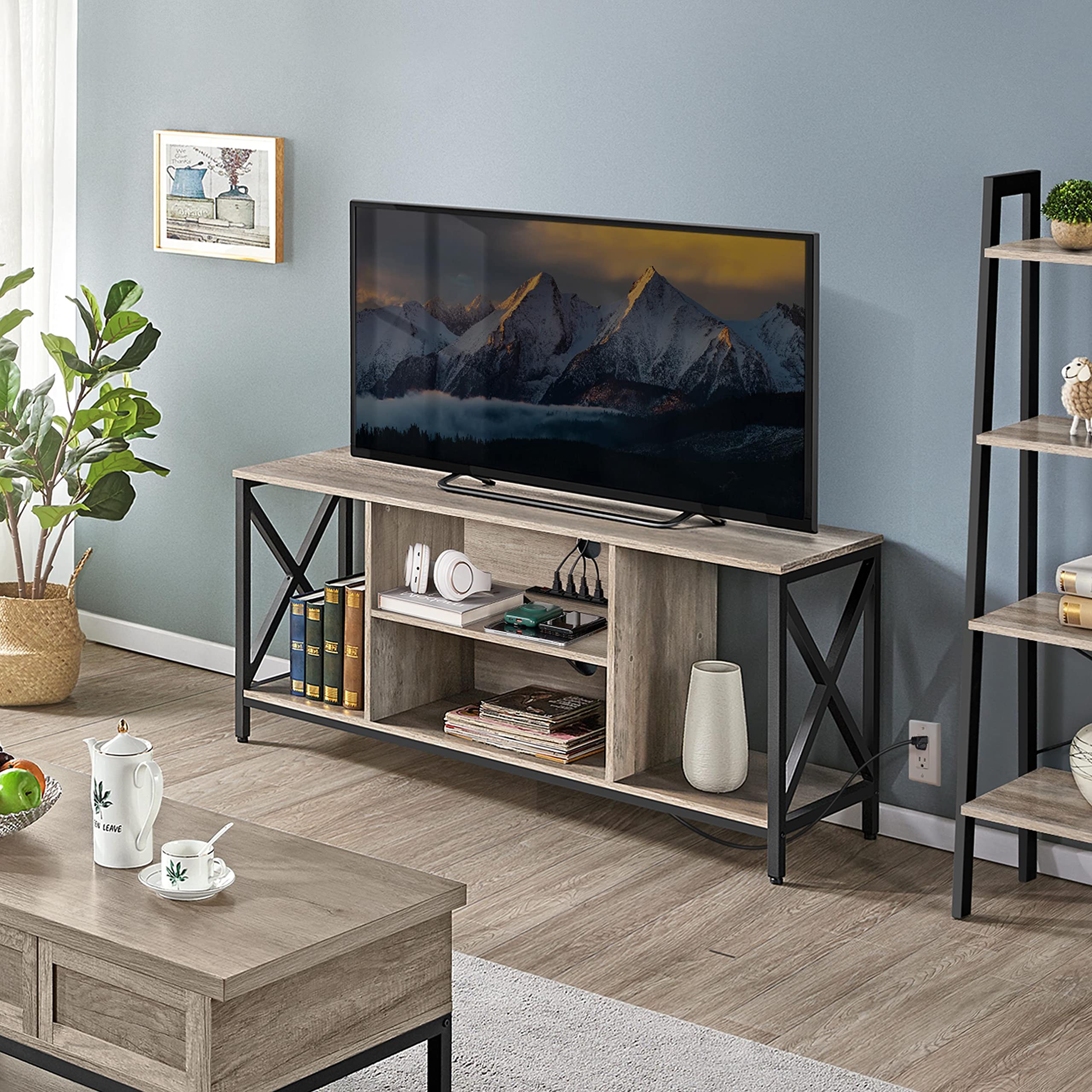 Yaheetech 65 Inch TV Stand with Power Outlets, Industrial Style Entertainment Center & Media Console with Open Storage Shelves - Modern TV Cabinet for Living Room, Bedroom, Home Theater (Gray) - Perfect for Organizing Electronics & Enhancing Home Decor