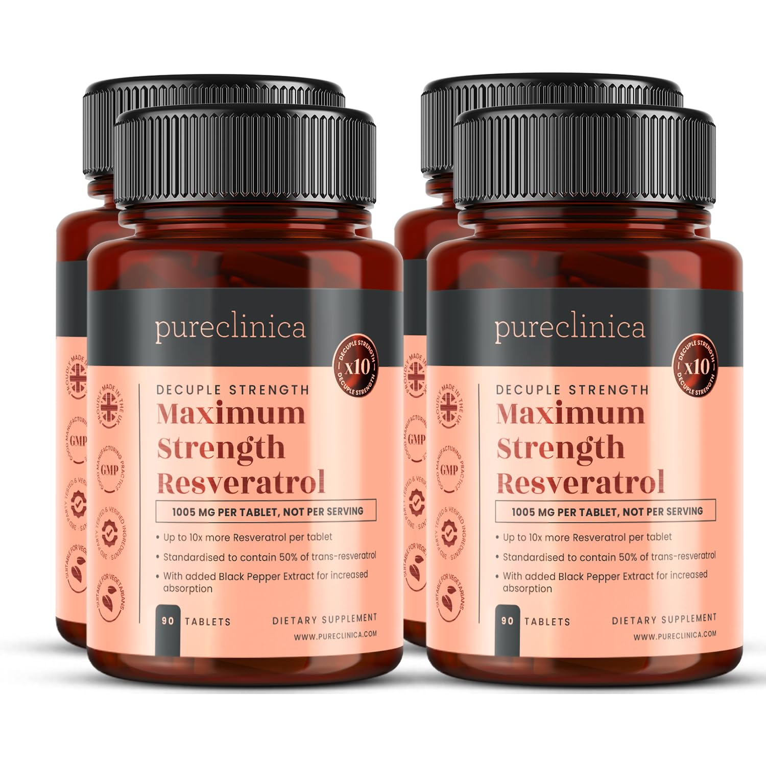 PureClinica Maximum Strength Resveratrol 1000mg Supplement - 360 Tablets (4 Bottles x 90) 12-Month Supply | 10X Potency with Black Pepper Extract for Enhanced Absorption | Supports Heart Health, Anti-Aging & Cellular Protection - Daily Antioxidant Boost for Adults