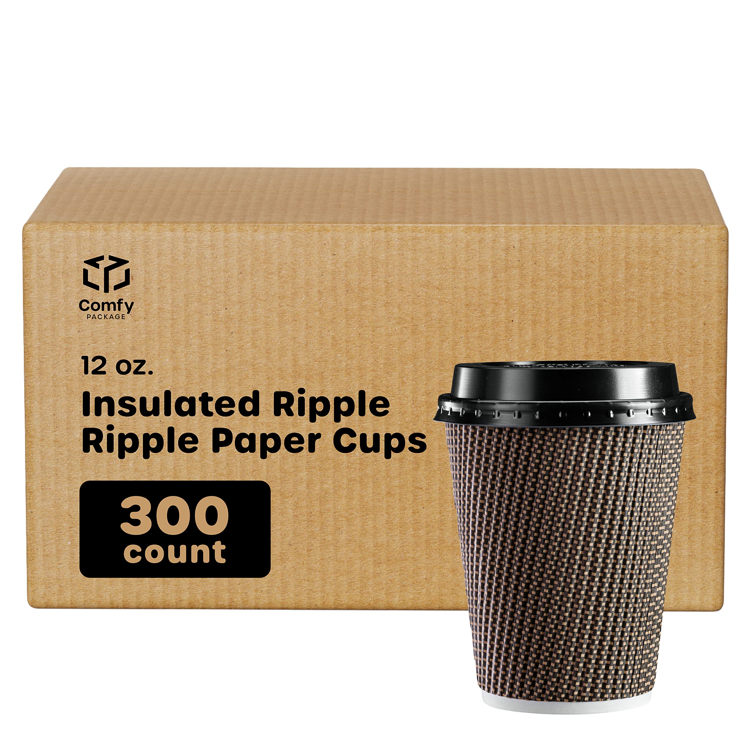 300 Pack 12 oz Insulated Brown Ripple Paper Coffee Cups with Lids - Eco-Friendly Disposable Hot Beverage Cups for Coffee, Tea, Hot Chocolate - Perfect for Cafes, Offices, Travel & Takeout