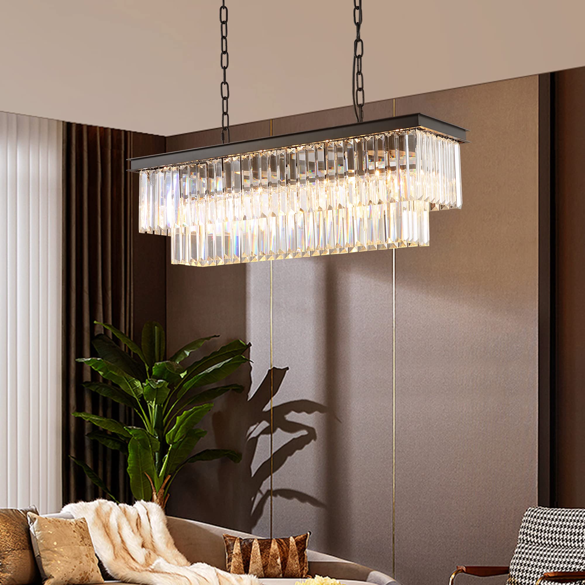 7PM 40 Inch Modern Farmhouse Chandelier - Dimmable Industrial Rectangular Hanging Light for Dining Room, Kitchen Island, Living Room & Bedroom Lighting