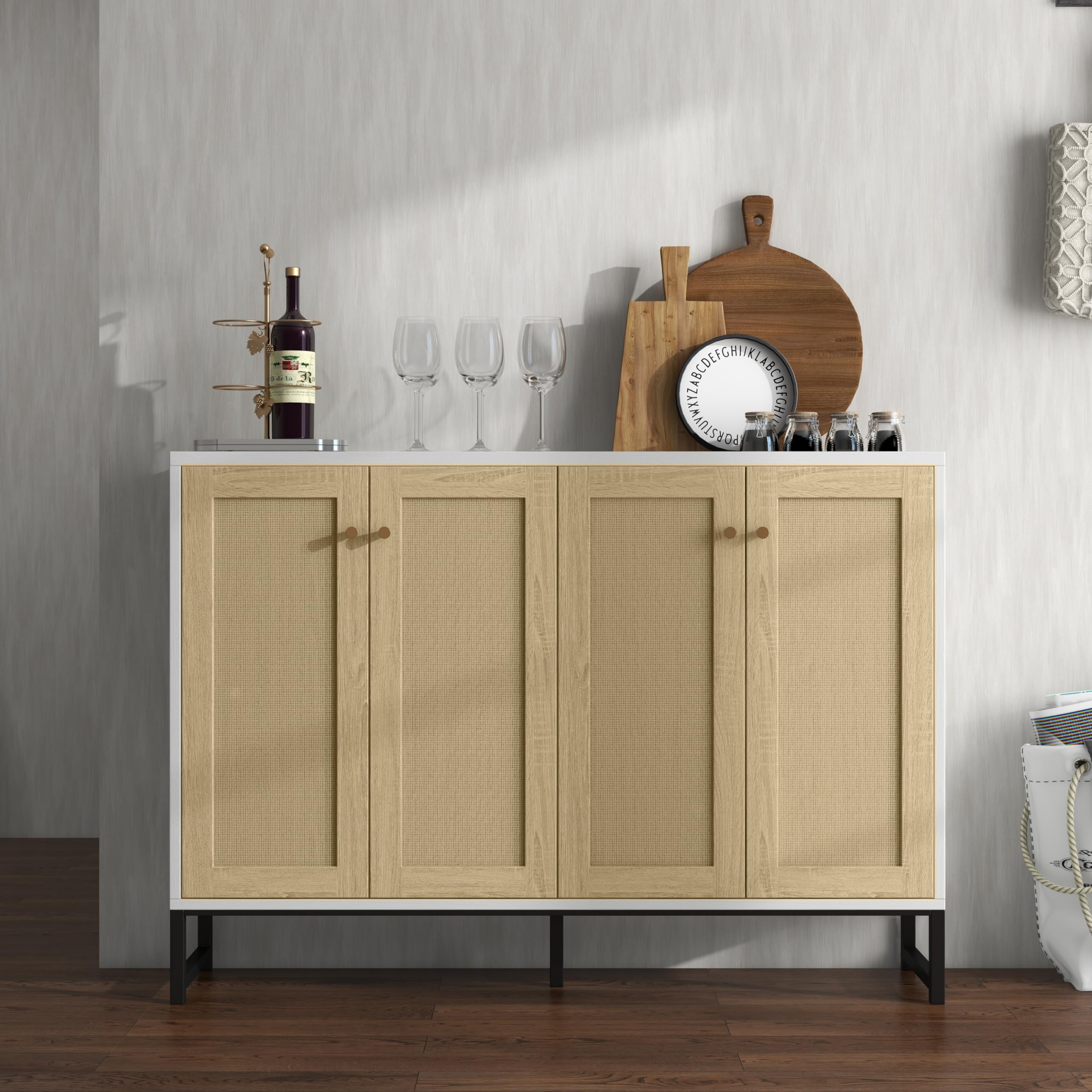 Panana 4-Door Sideboard Accent Storage Cabinet with Rattan Decor - White Freestanding Kitchen Buffet & Dining Room Cupboard | Perfect for Farmhouse Decor, Kitchen Organization & Dining Room Storage