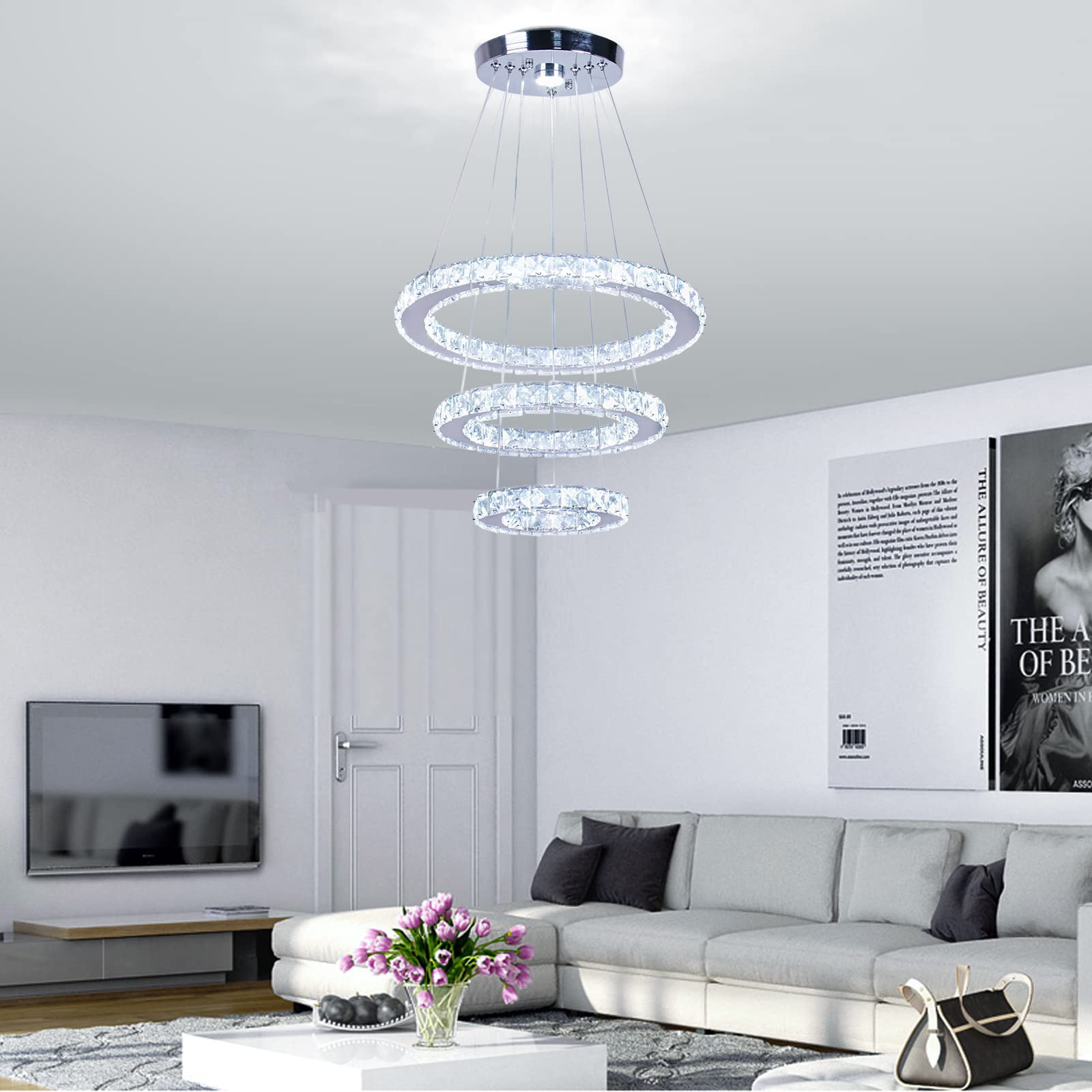 Modern 3-Ring Adjustable Stainless Steel LED Crystal Chandelier - Dimmable Ceiling Light Fixture for Bedroom, Living Room & Dining Room | Energy-Efficient Lighting for Home Decor & Special Occasions
