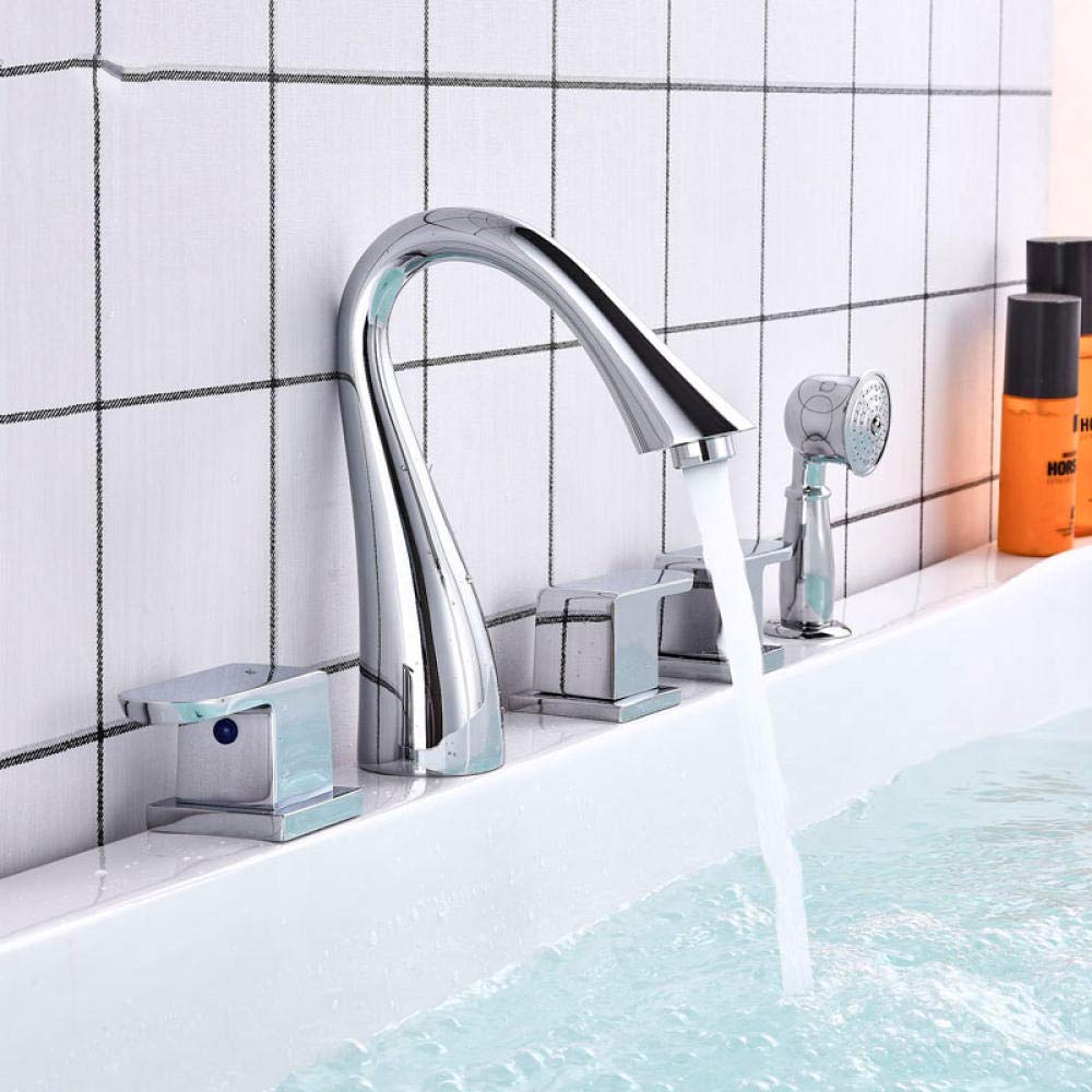 Chrome Deck Mounted 5-Hole Widespread Bathtub Faucet Set with Goose Neck Spout and Hand Shower - Bathroom Sink Taps for Modern Bathroom Renovation, Perfect for Spa-Like Shower Experience and Luxurious Bathtub Installation